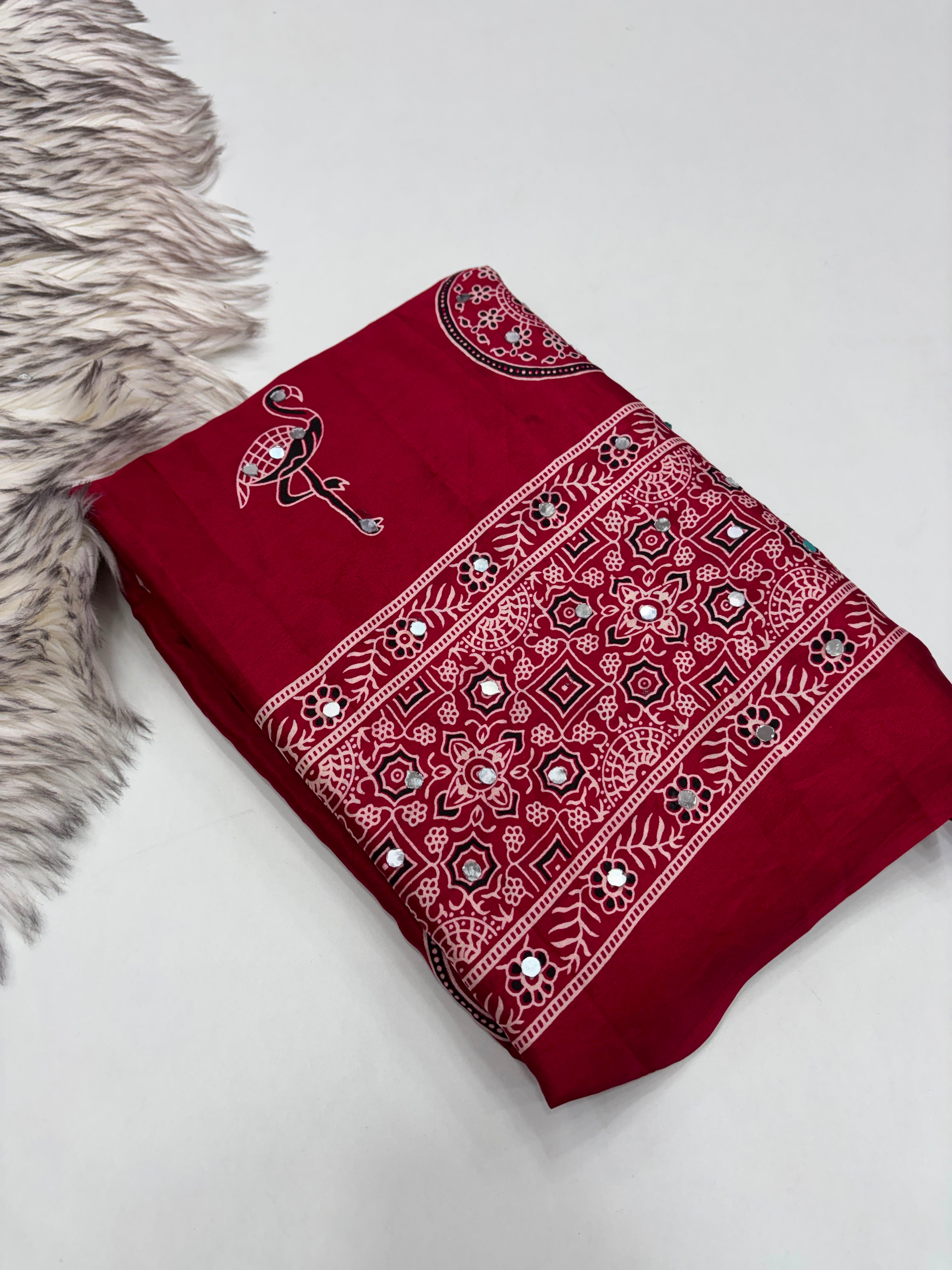 Excellent Festive Wear Pure Silk Ajrak Printed Rich Pallu n Original Mirror Work Designer Saree With Blouse Piece
