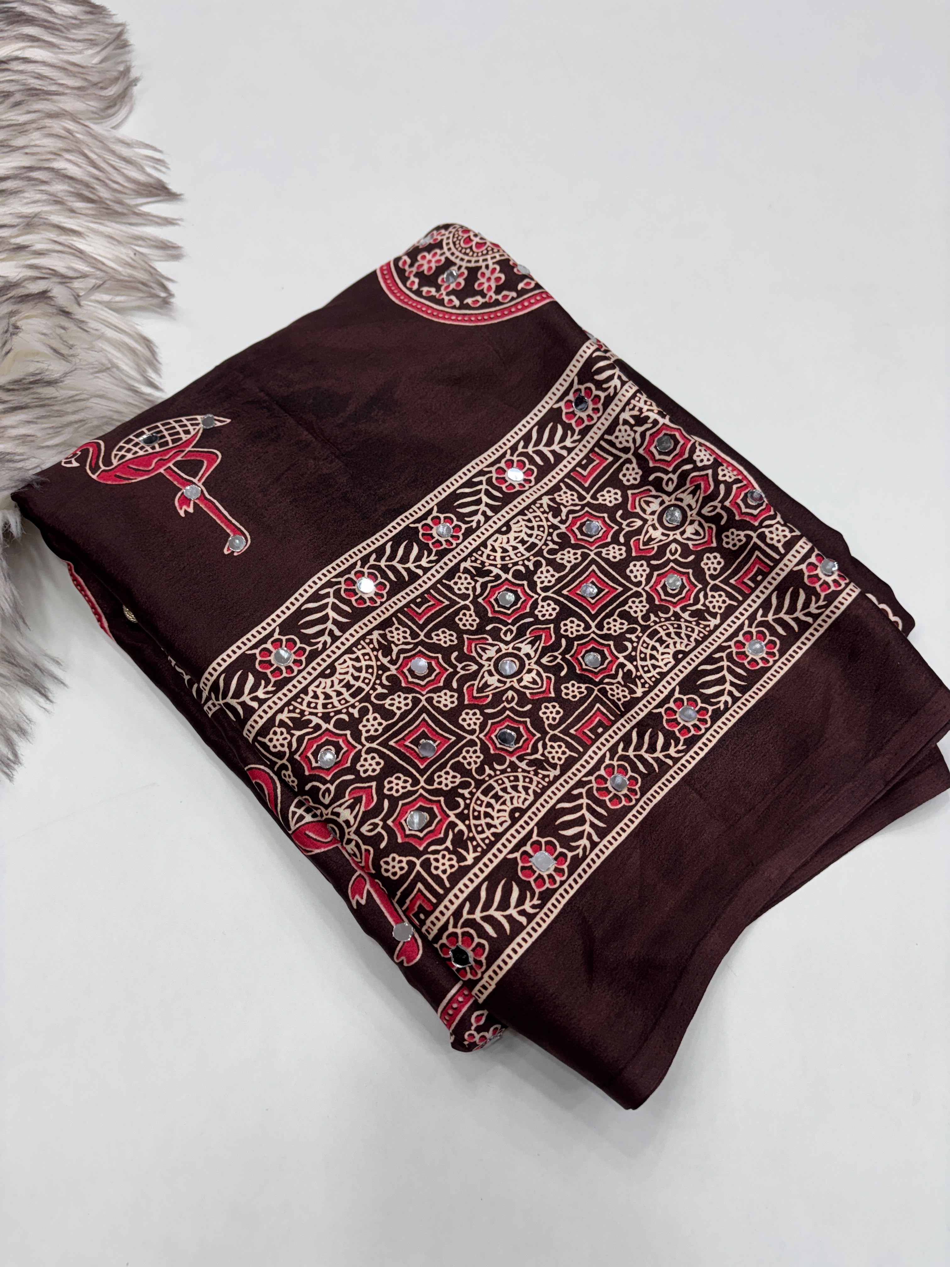 Excellent Festive Wear Pure Silk Ajrak Printed Rich Pallu n Original Mirror Work Designer Saree With Blouse Piece