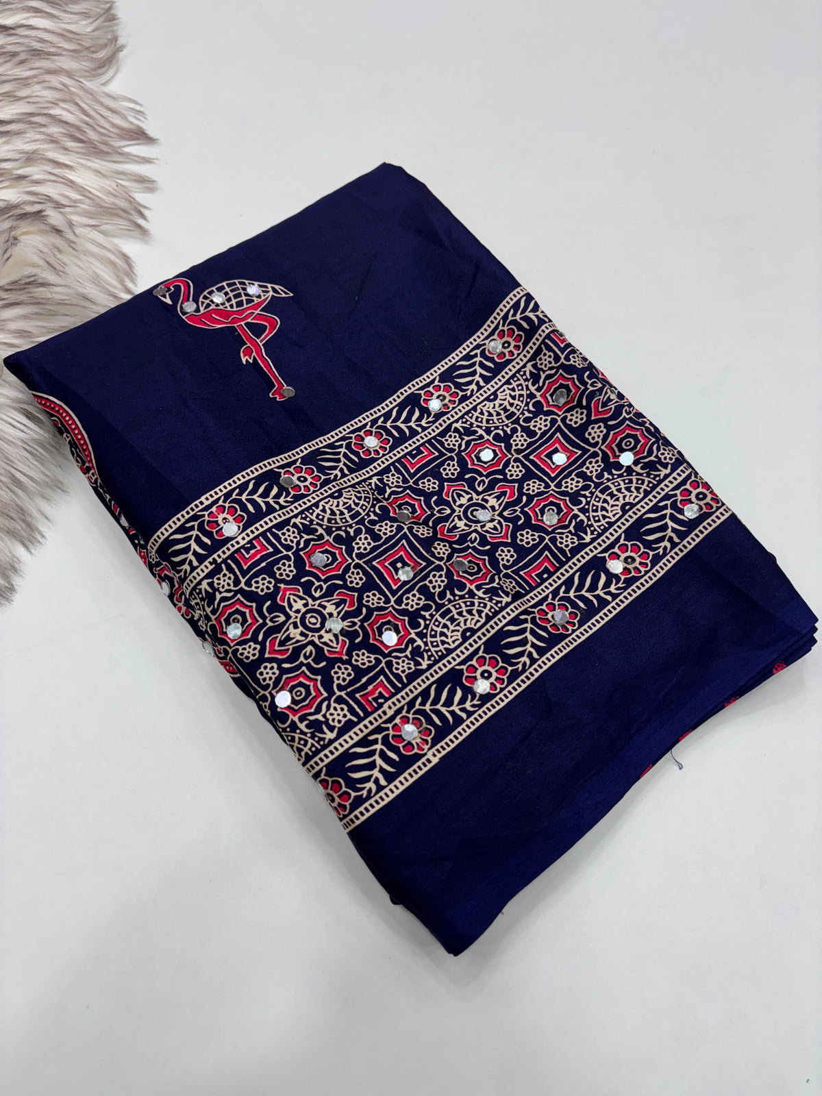 Excellent Festive Wear Pure Silk Ajrak Printed Rich Pallu n Original Mirror Work Designer Saree With Blouse Piece