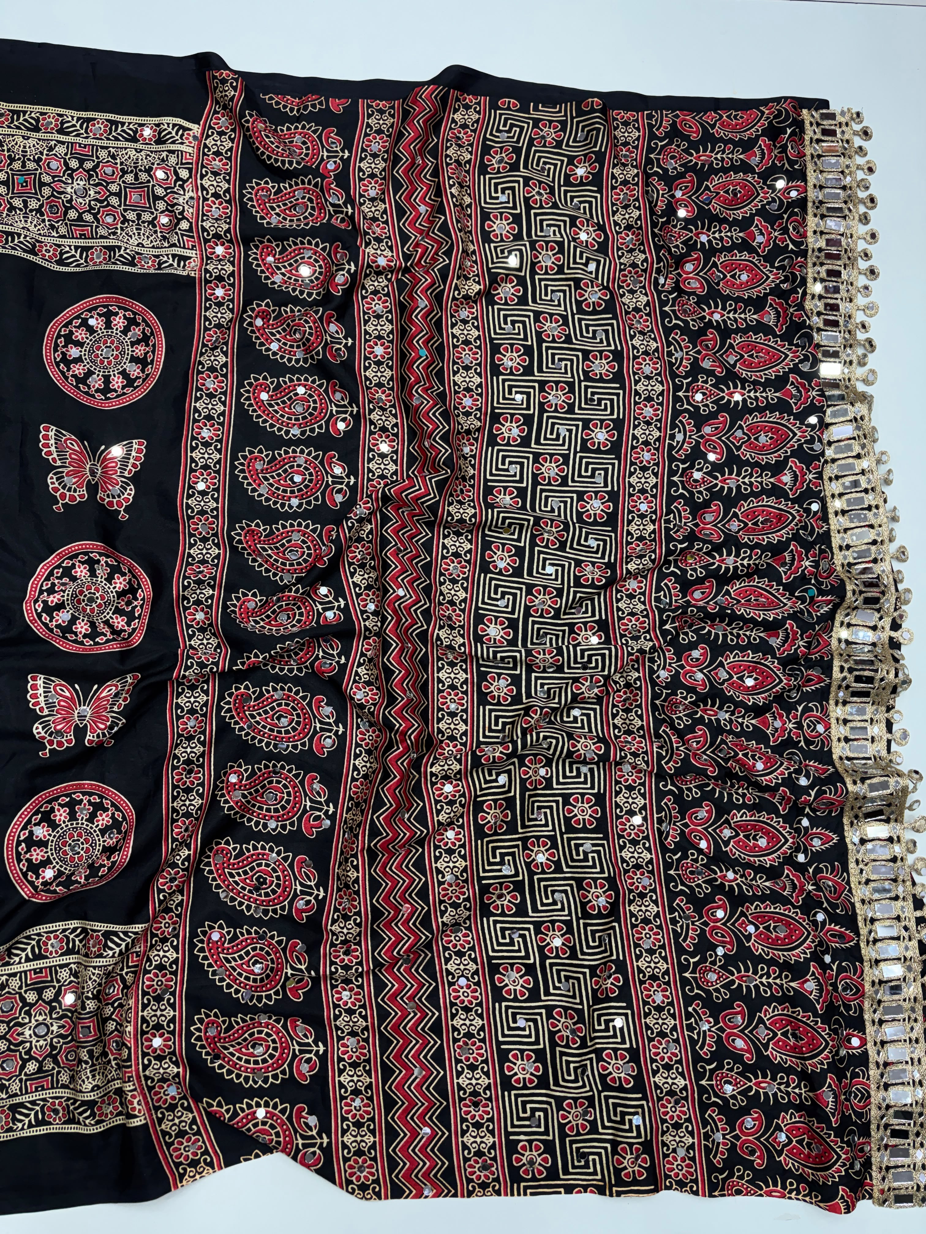 Excellent Festive Wear Pure Silk Ajrak Printed Rich Pallu n Original Mirror Work Designer Saree With Blouse Piece