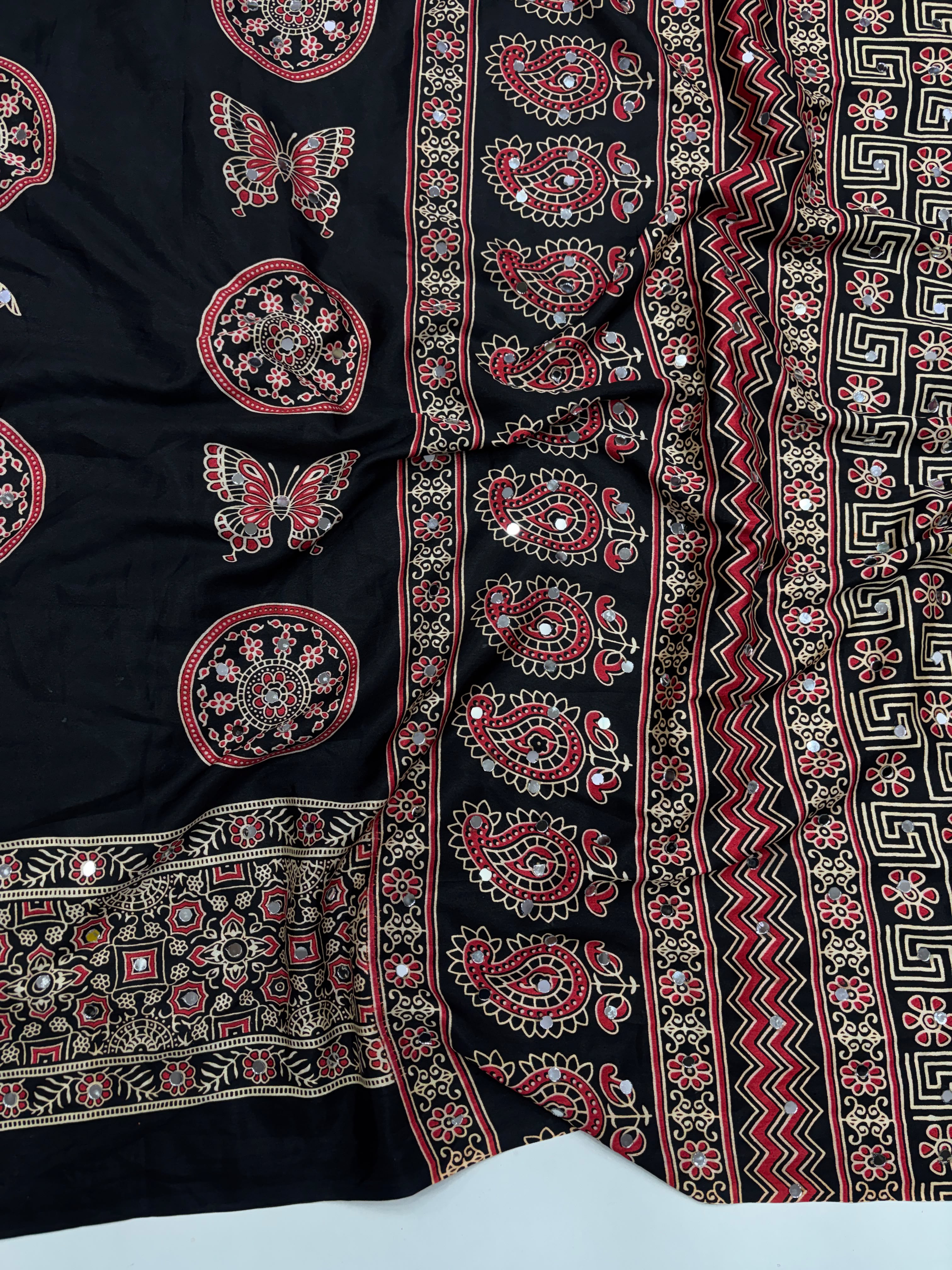 Excellent Festive Wear Pure Silk Ajrak Printed Rich Pallu n Original Mirror Work Designer Saree With Blouse Piece