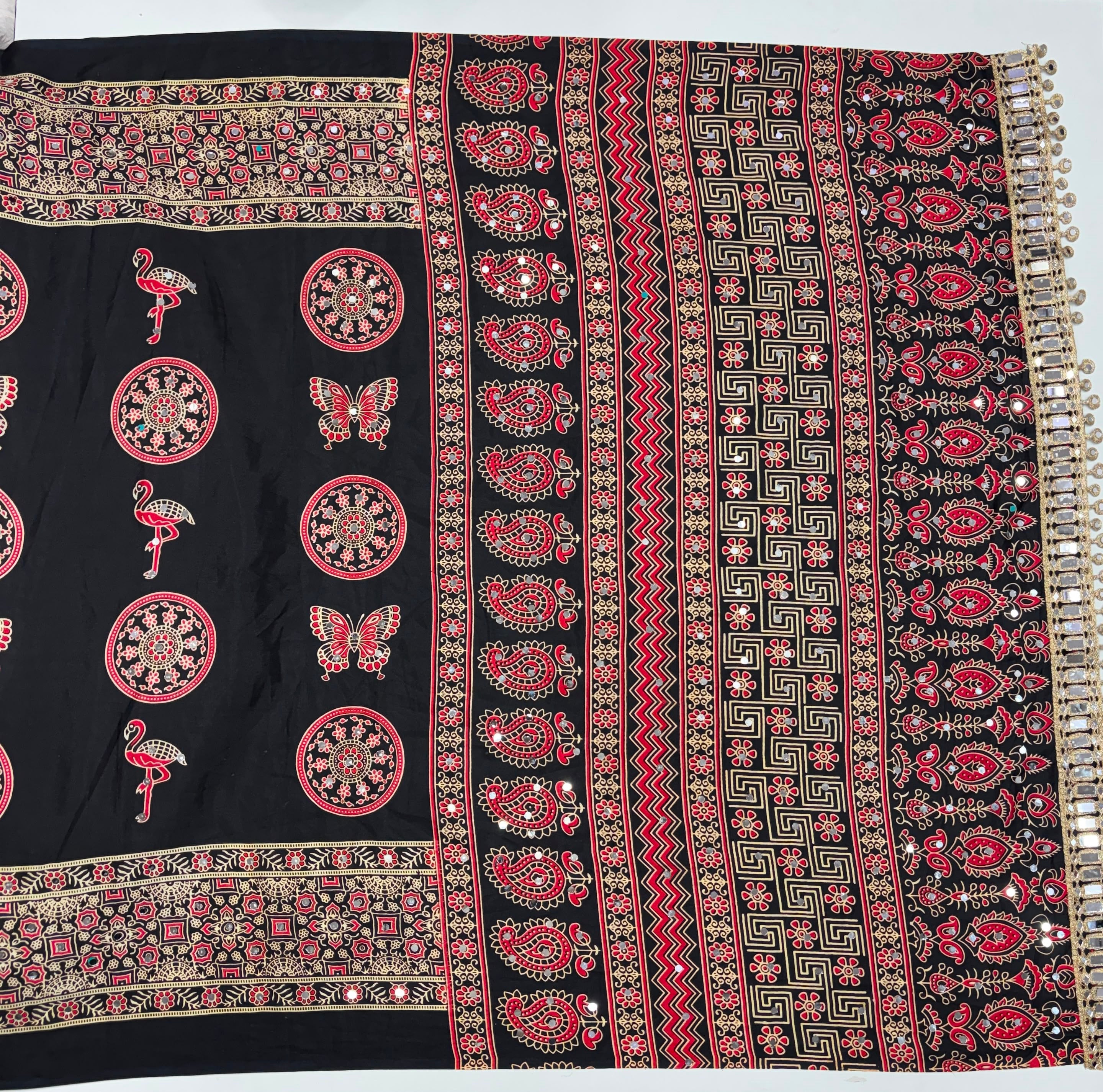 Excellent Festive Wear Pure Silk Ajrak Printed Rich Pallu n Original Mirror Work Designer Saree With Blouse Piece