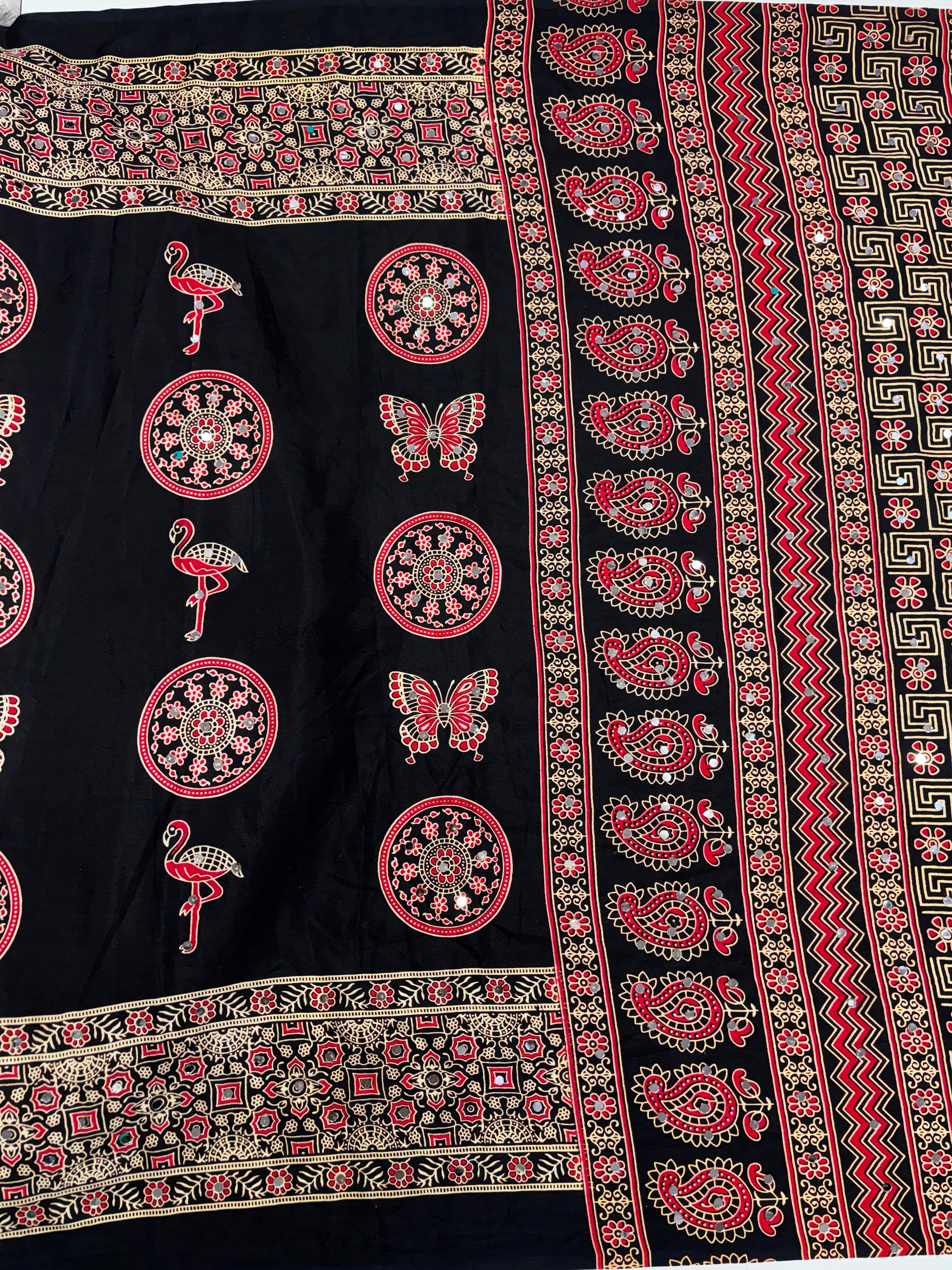 Excellent Festive Wear Pure Silk Ajrak Printed Rich Pallu n Original Mirror Work Designer Saree With Blouse Piece
