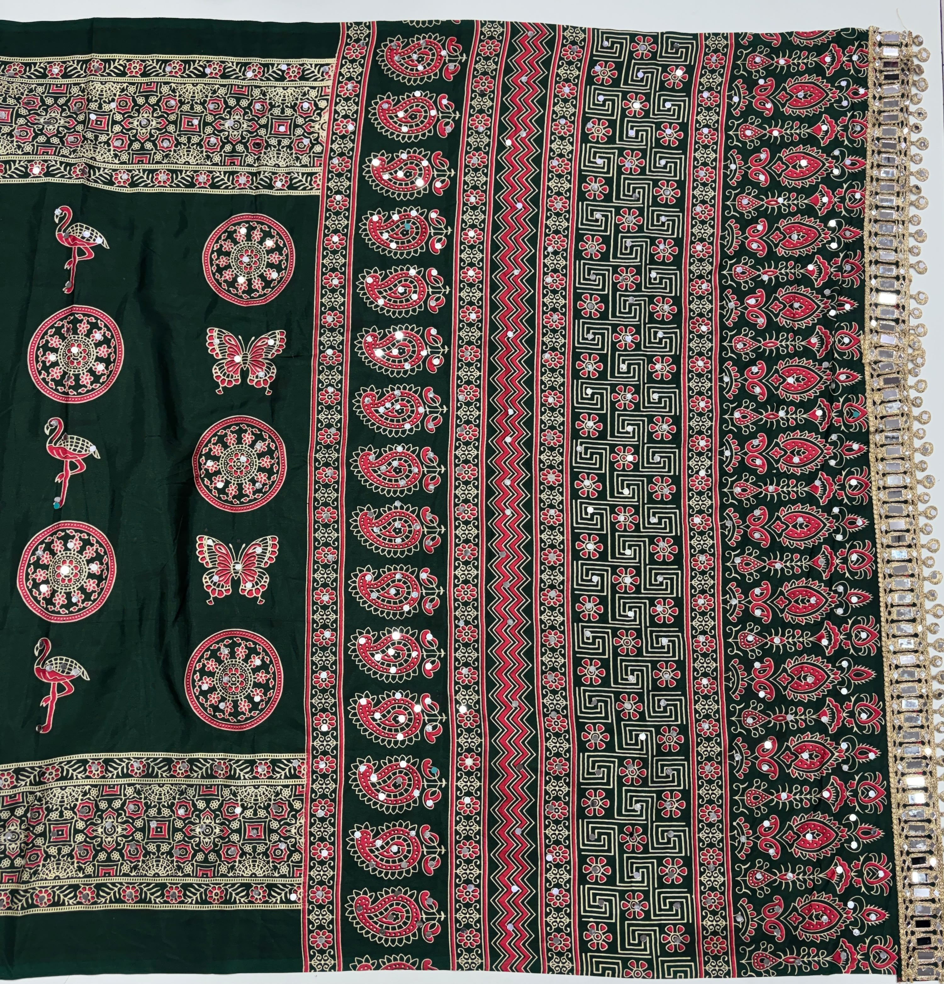 Excellent Festive Wear Pure Silk Ajrak Printed Rich Pallu n Original Mirror Work Designer Saree With Blouse Piece