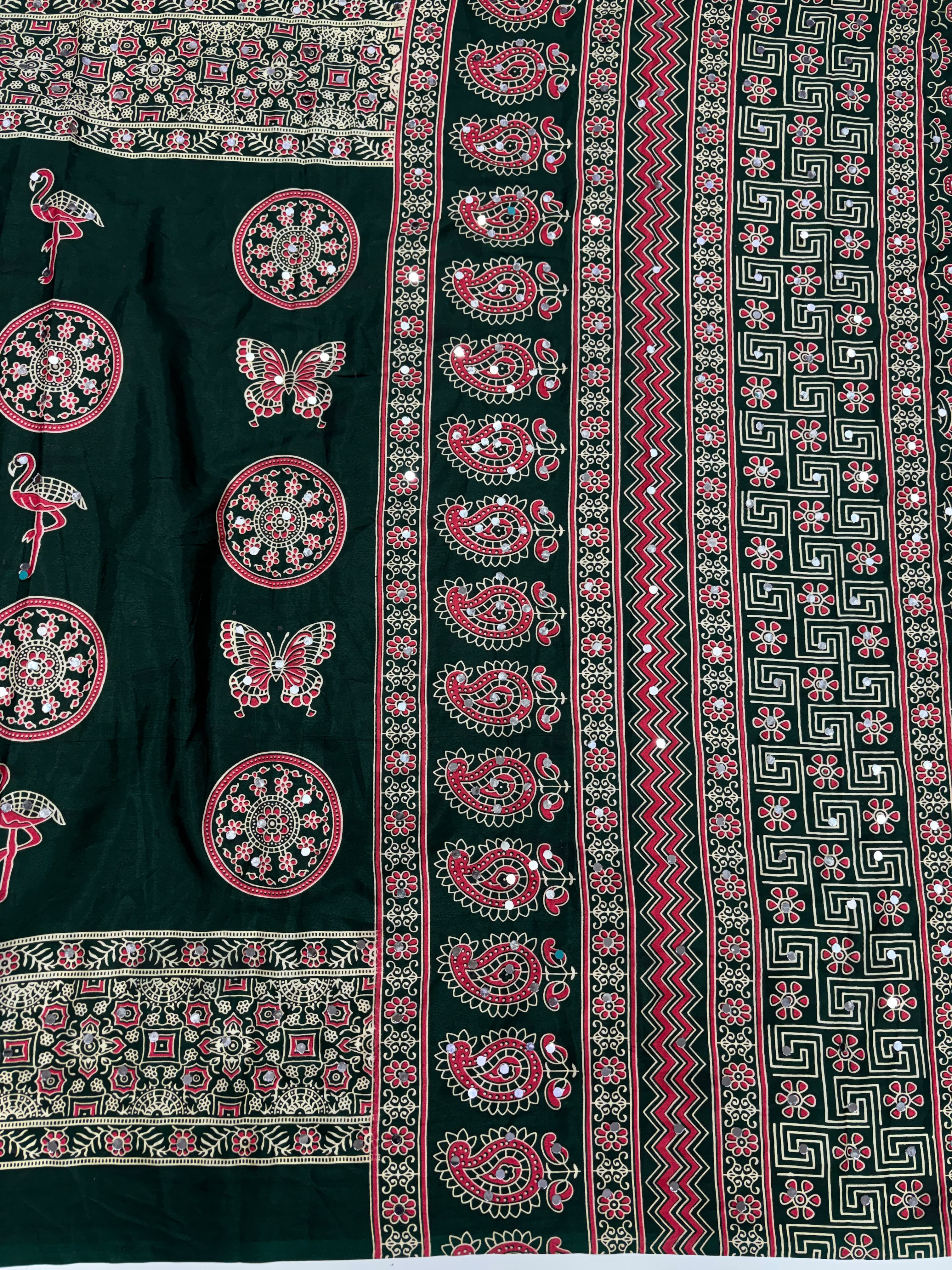 Excellent Festive Wear Pure Silk Ajrak Printed Rich Pallu n Original Mirror Work Designer Saree With Blouse Piece