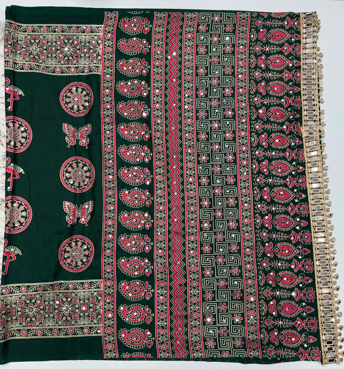 Excellent Festive Wear Pure Silk Ajrak Printed Rich Pallu n Original Mirror Work Designer Saree With Blouse Piece