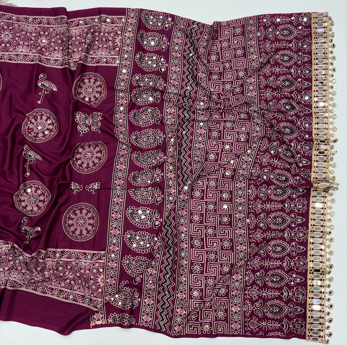 Excellent Festive Wear Pure Silk Ajrak Printed Rich Pallu n Original Mirror Work Designer Saree With Blouse Piece