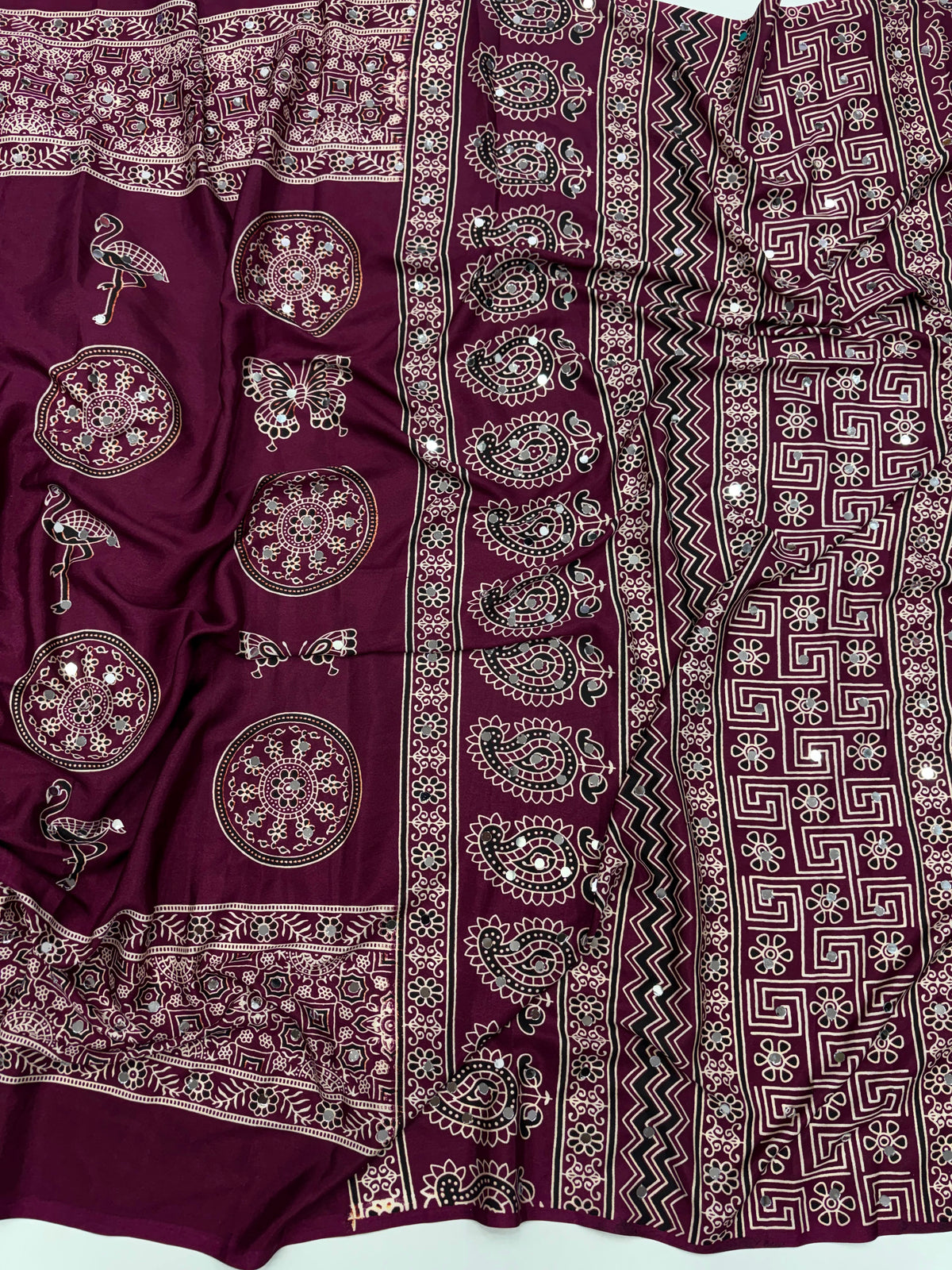 Excellent Festive Wear Pure Silk Ajrak Printed Rich Pallu n Original Mirror Work Designer Saree With Blouse Piece