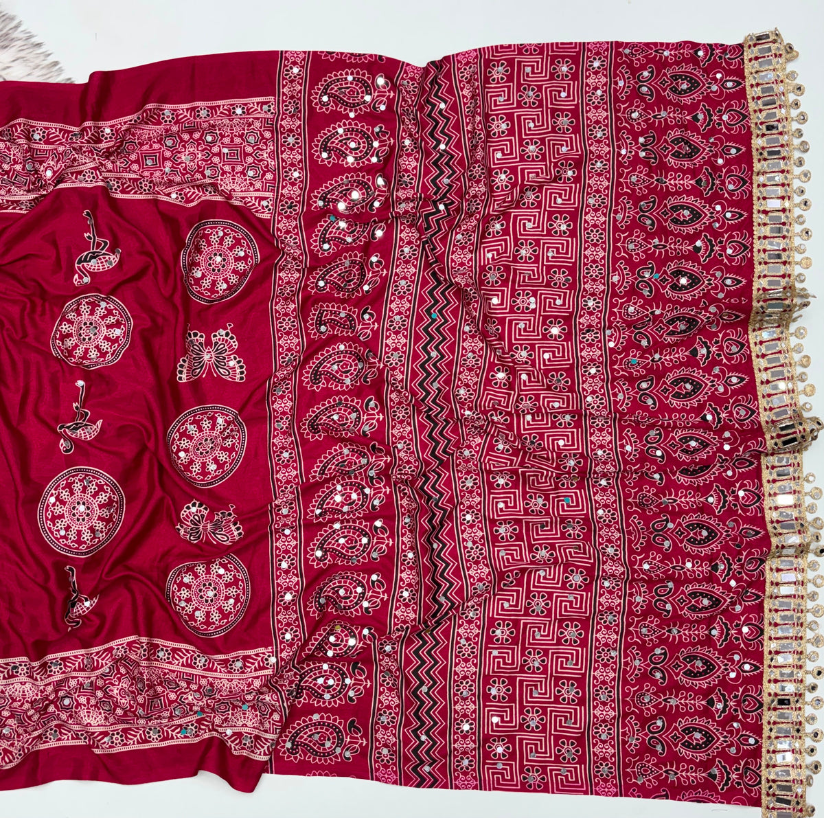 Excellent Festive Wear Pure Silk Ajrak Printed Rich Pallu n Original Mirror Work Designer Saree With Blouse Piece