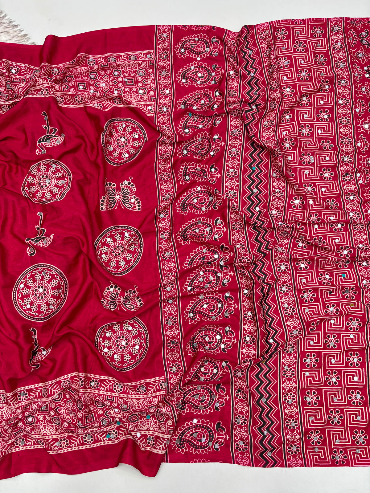 Excellent Festive Wear Pure Silk Ajrak Printed Rich Pallu n Original Mirror Work Designer Saree With Blouse Piece