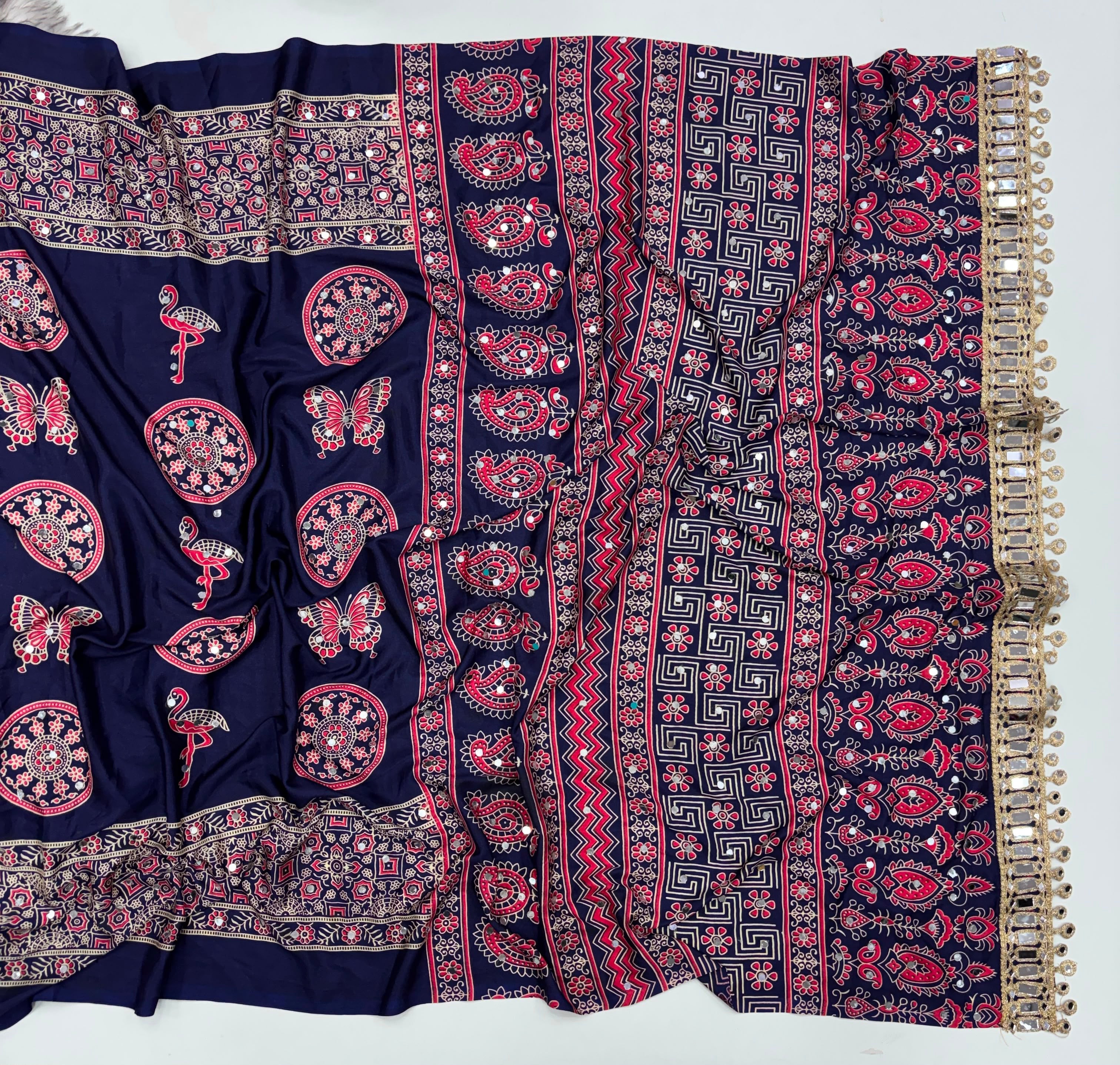 Excellent Festive Wear Pure Silk Ajrak Printed Rich Pallu n Original Mirror Work Designer Saree With Blouse Piece
