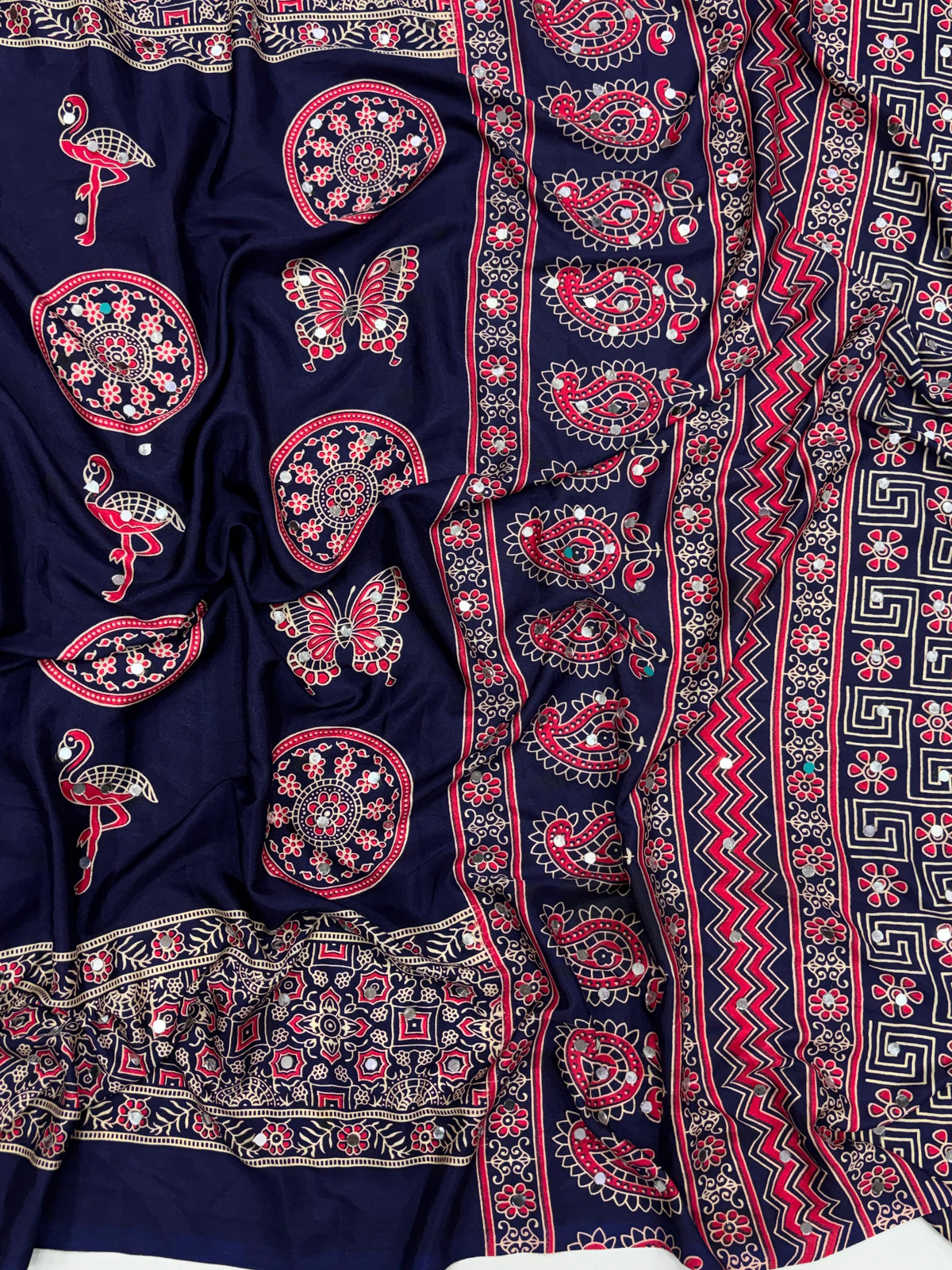 Excellent Festive Wear Pure Silk Ajrak Printed Rich Pallu n Original Mirror Work Designer Saree With Blouse Piece