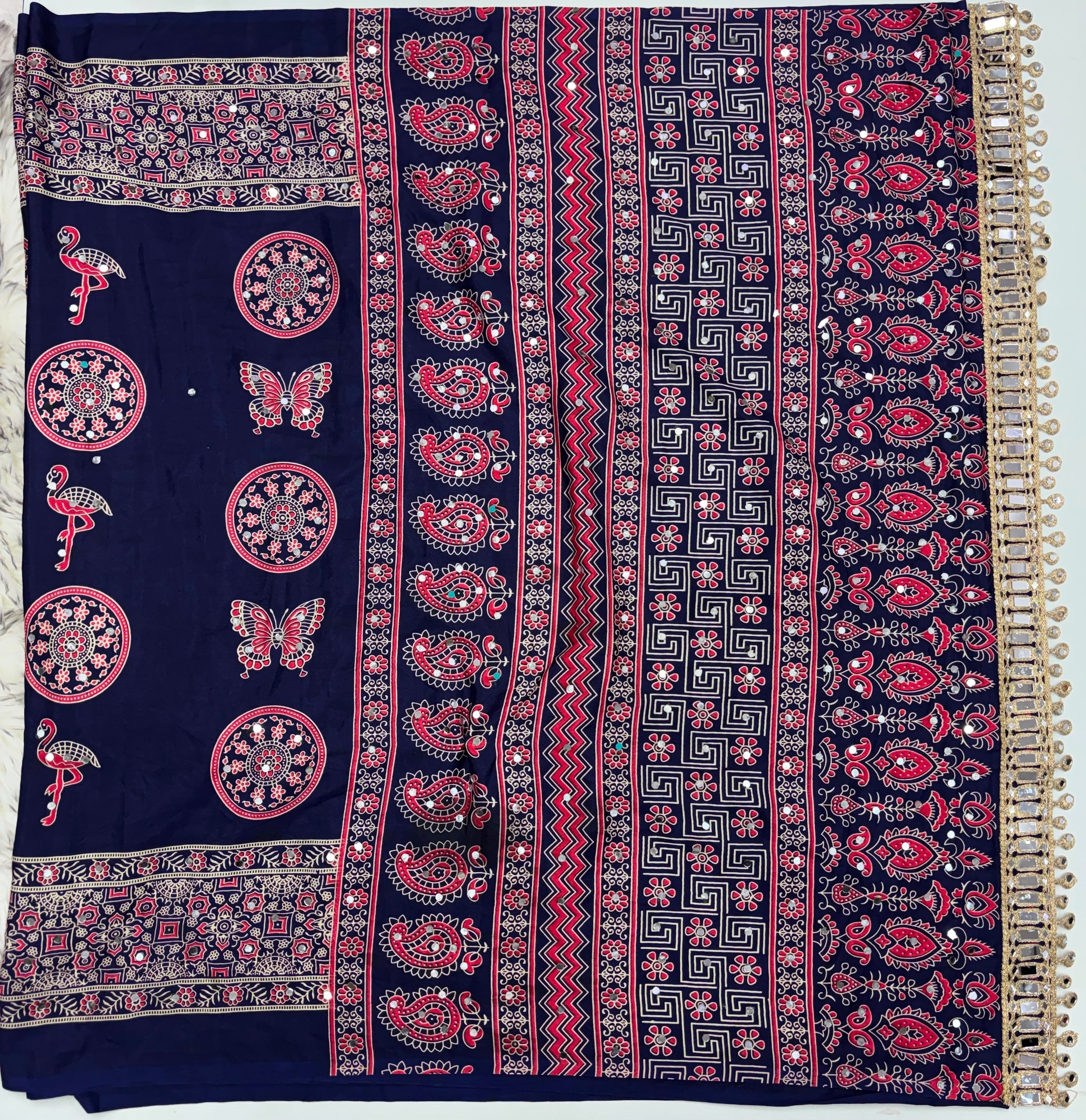 Excellent Festive Wear Pure Silk Ajrak Printed Rich Pallu n Original Mirror Work Designer Saree With Blouse Piece