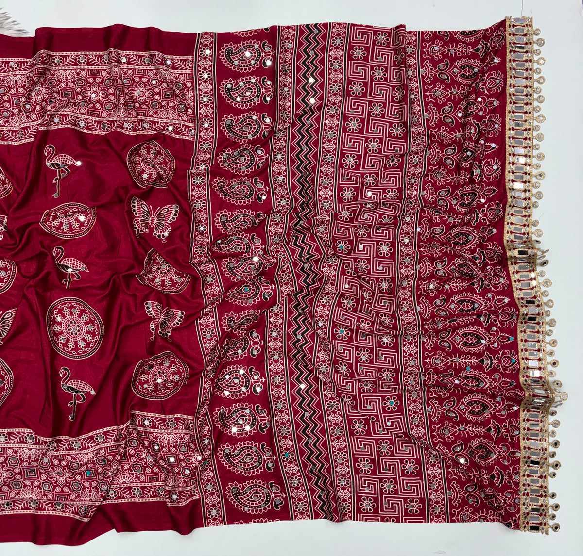 Excellent Festive Wear Pure Silk Ajrak Printed Rich Pallu n Original Mirror Work Designer Saree With Blouse Piece