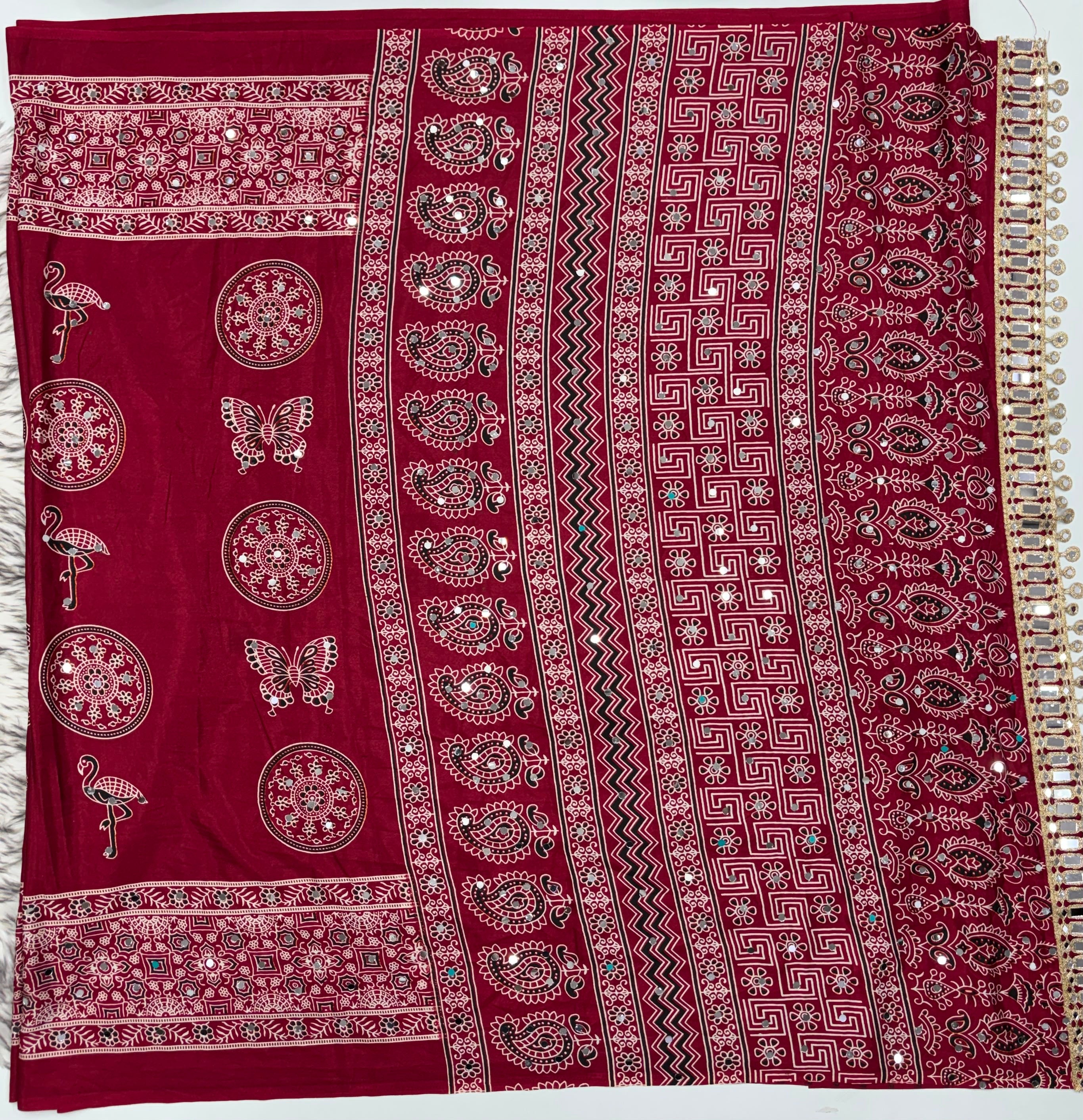 Excellent Festive Wear Pure Silk Ajrak Printed Rich Pallu n Original Mirror Work Designer Saree With Blouse Piece
