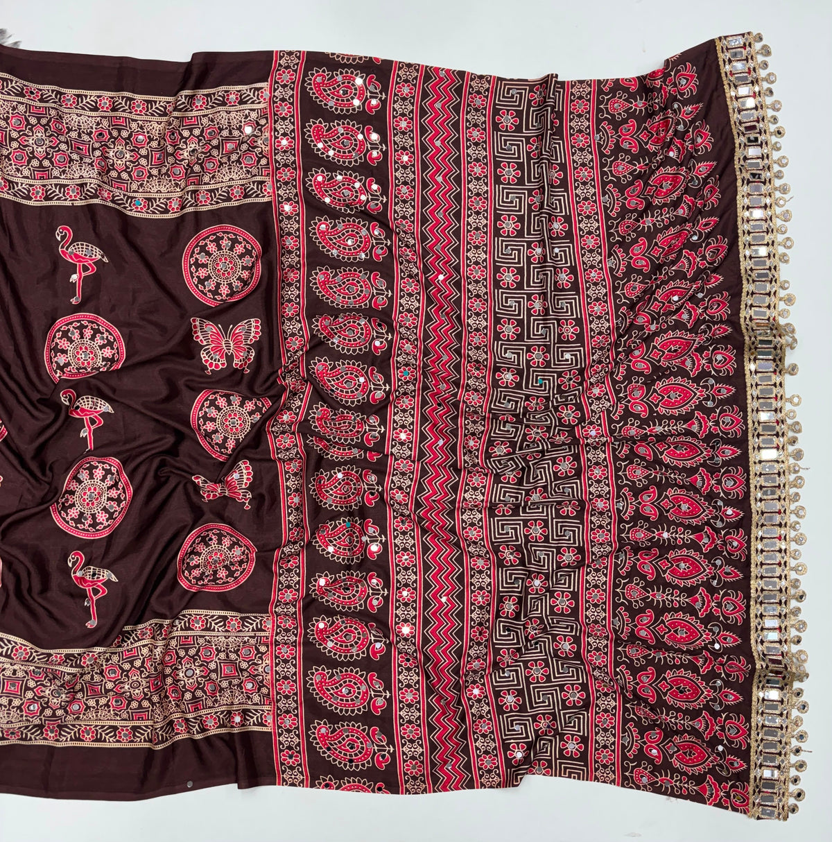 Excellent Festive Wear Pure Silk Ajrak Printed Rich Pallu n Original Mirror Work Designer Saree With Blouse Piece