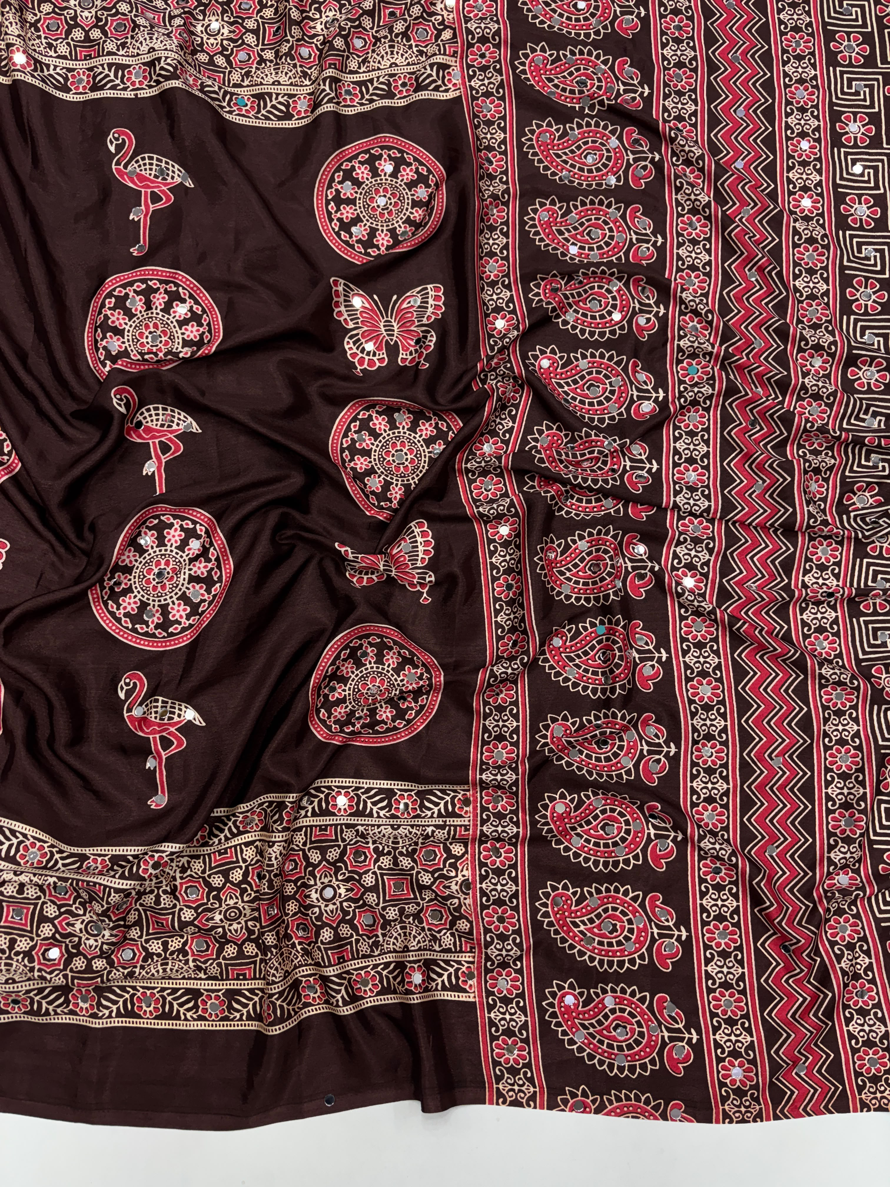 Excellent Festive Wear Pure Silk Ajrak Printed Rich Pallu n Original Mirror Work Designer Saree With Blouse Piece