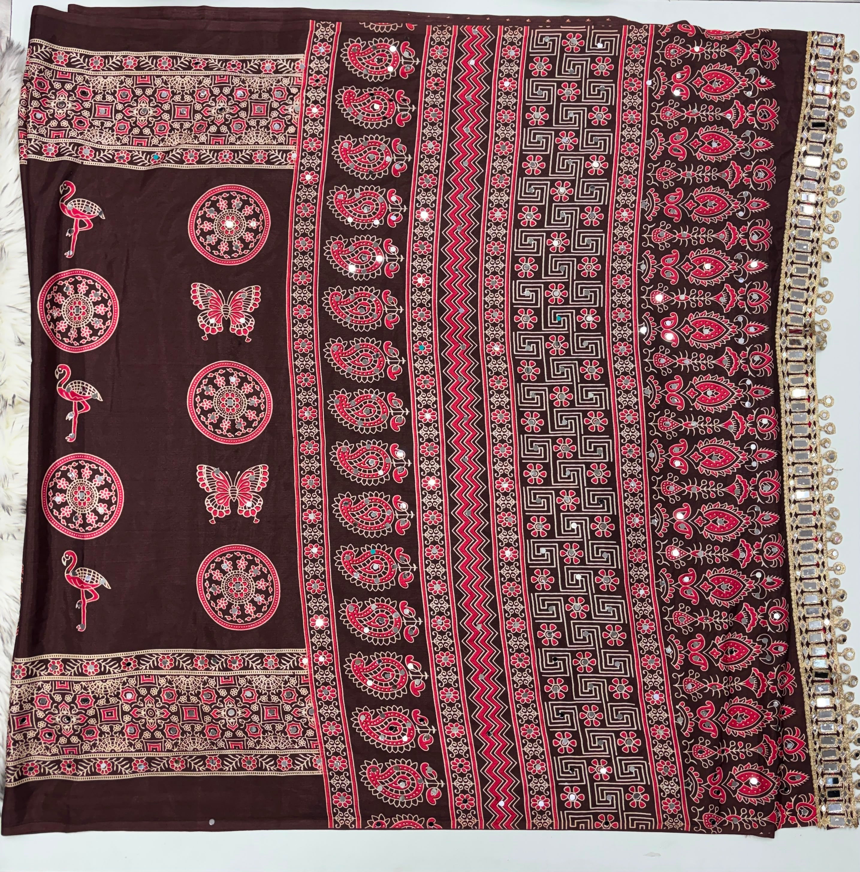 Excellent Festive Wear Pure Silk Ajrak Printed Rich Pallu n Original Mirror Work Designer Saree With Blouse Piece