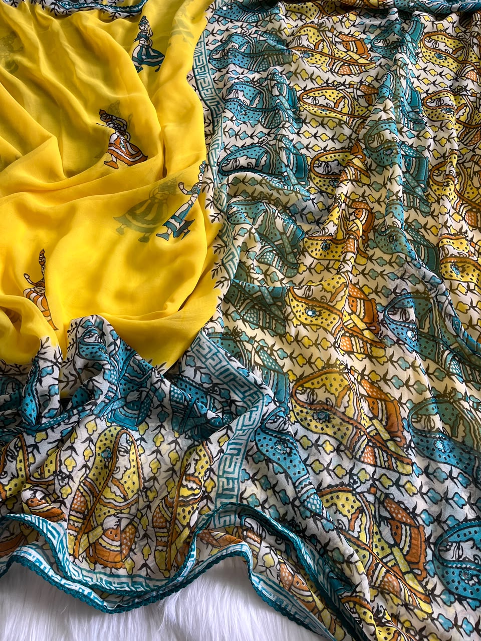 Unequalled Wedding Wear Pure Georgette Kalamkari Print n Mirror Work Designer Saree With Bucolic Blouse Piece