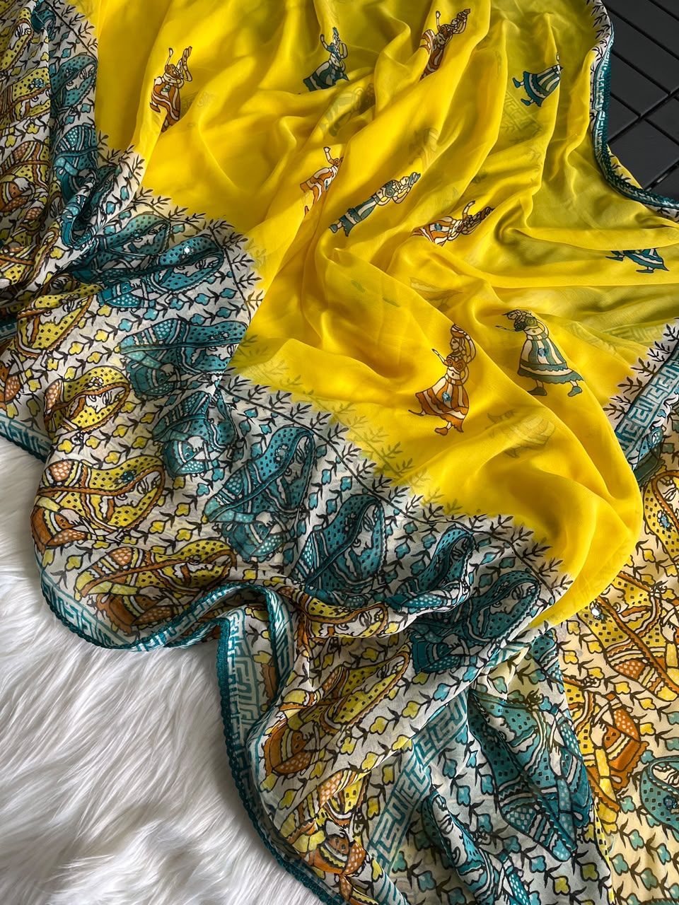 Unequalled Wedding Wear Pure Georgette Kalamkari Print n Mirror Work Designer Saree With Bucolic Blouse Piece