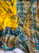 Load image into Gallery viewer, Unequalled Wedding Wear Pure Georgette Kalamkari Print n Mirror Work Designer Saree With Bucolic Blouse Piece
