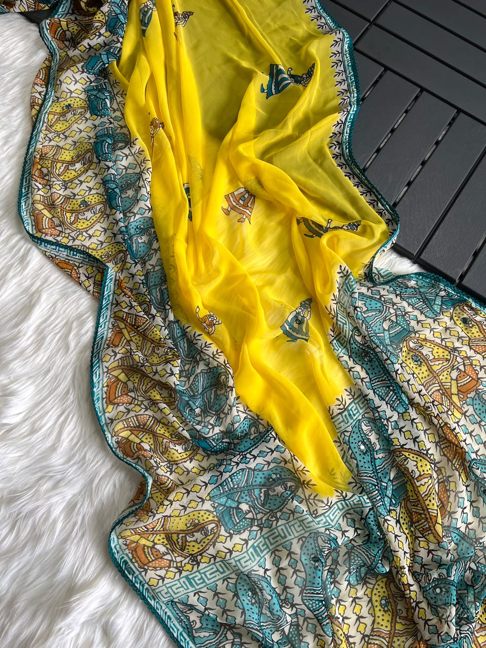 Unequalled Wedding Wear Pure Georgette Kalamkari Print n Mirror Work Designer Saree With Bucolic Blouse Piece