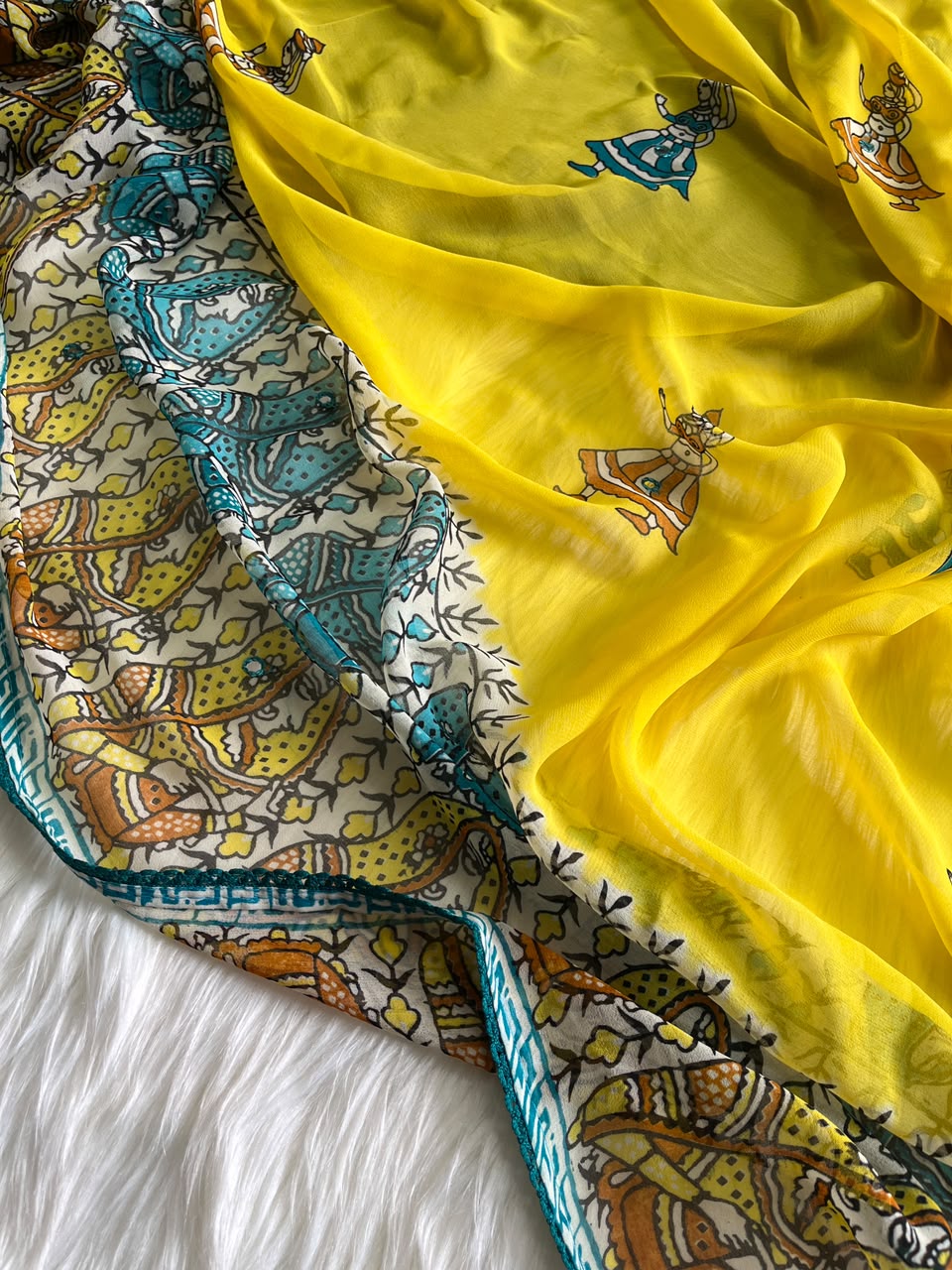 Unequalled Wedding Wear Pure Georgette Kalamkari Print n Mirror Work Designer Saree With Bucolic Blouse Piece