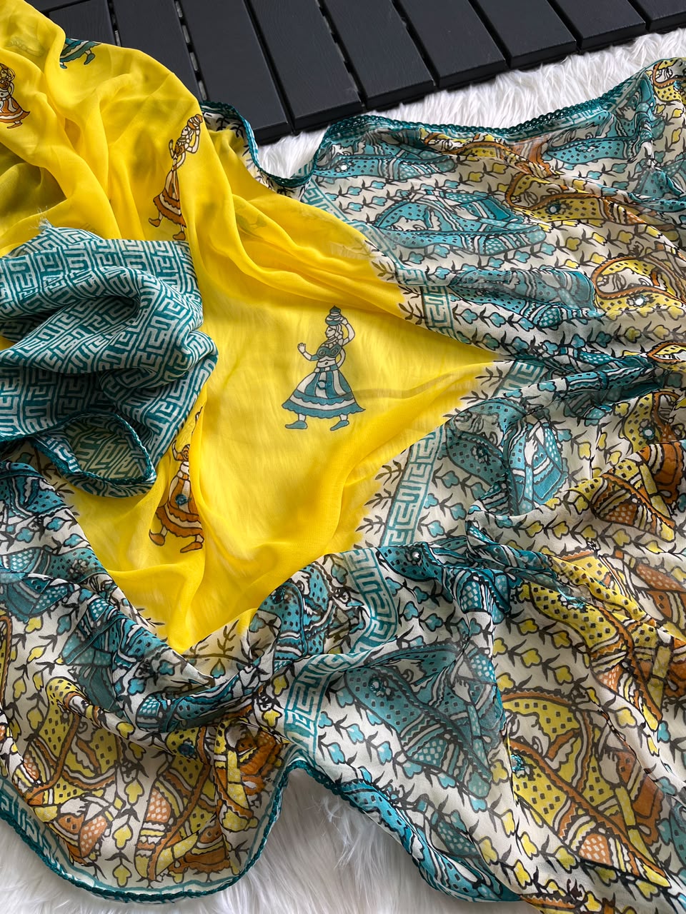 Unequalled Wedding Wear Pure Georgette Kalamkari Print n Mirror Work Designer Saree With Bucolic Blouse Piece