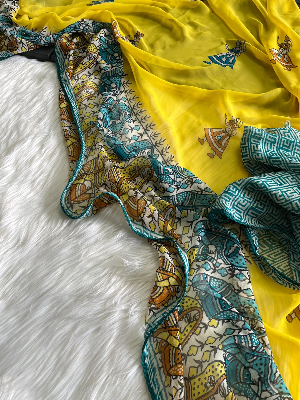 Unequalled Wedding Wear Pure Georgette Kalamkari Print n Mirror Work Designer Saree With Bucolic Blouse Piece