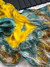 Load image into Gallery viewer, Unequalled Wedding Wear Pure Georgette Kalamkari Print n Mirror Work Designer Saree With Bucolic Blouse Piece
