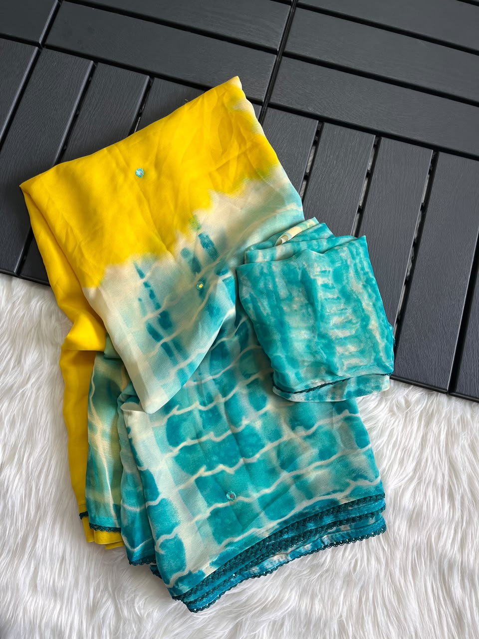 Graceful Party Wear Georgette Shibori Printed Foil Mirror Work Fancy Saree With Blouse Piece
