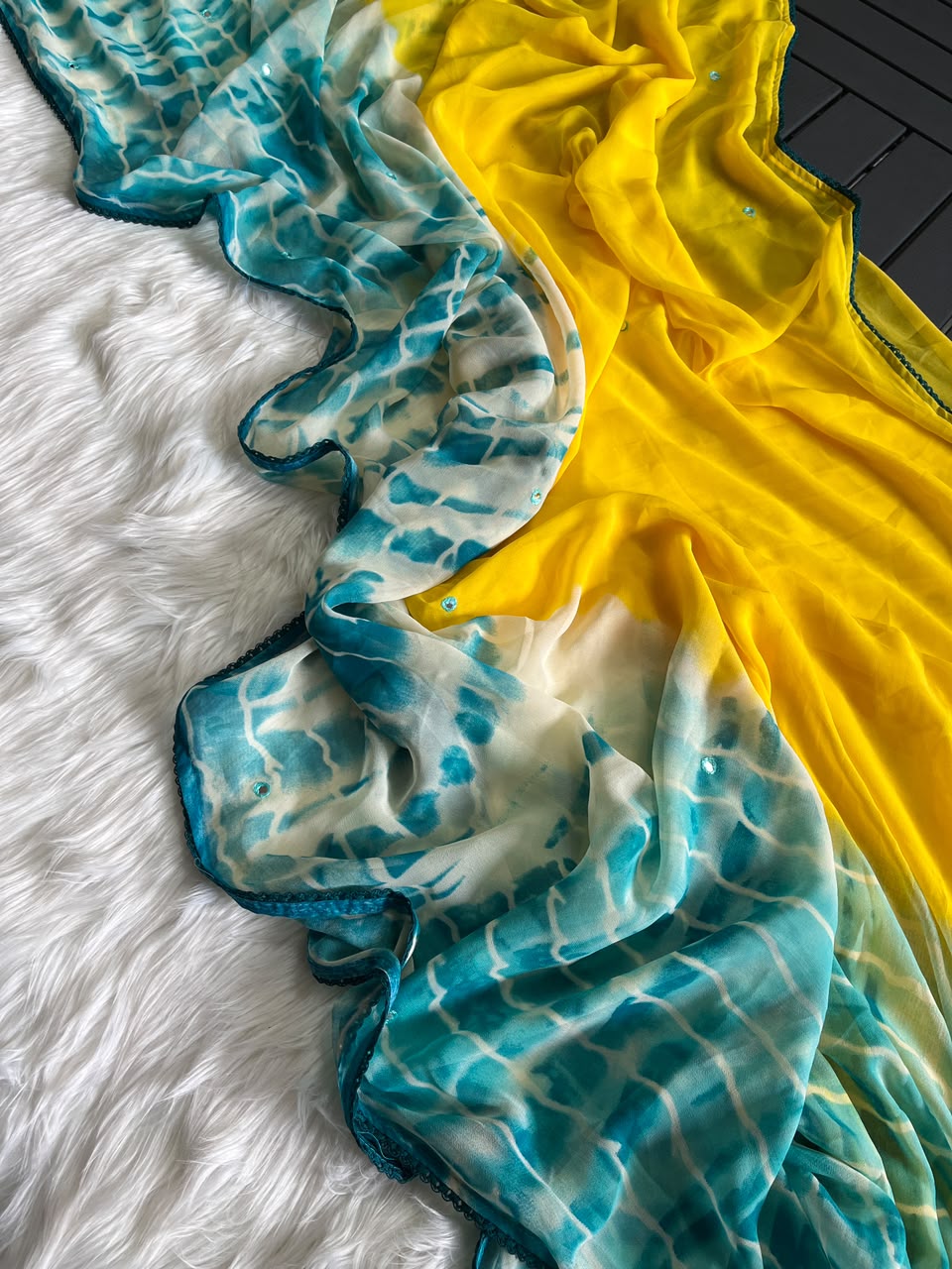 Graceful Party Wear Georgette Shibori Printed Foil Mirror Work Fancy Saree With Blouse Piece