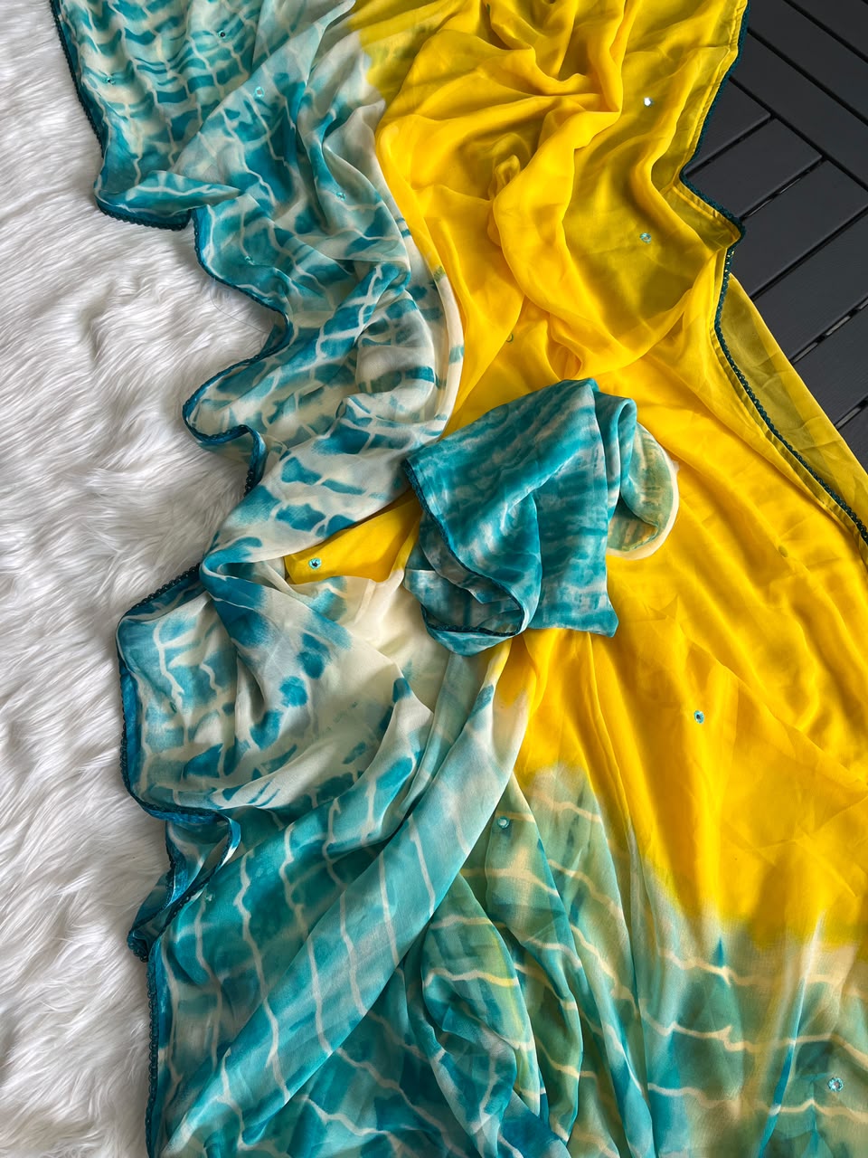 Graceful Party Wear Georgette Shibori Printed Foil Mirror Work Fancy Saree With Blouse Piece