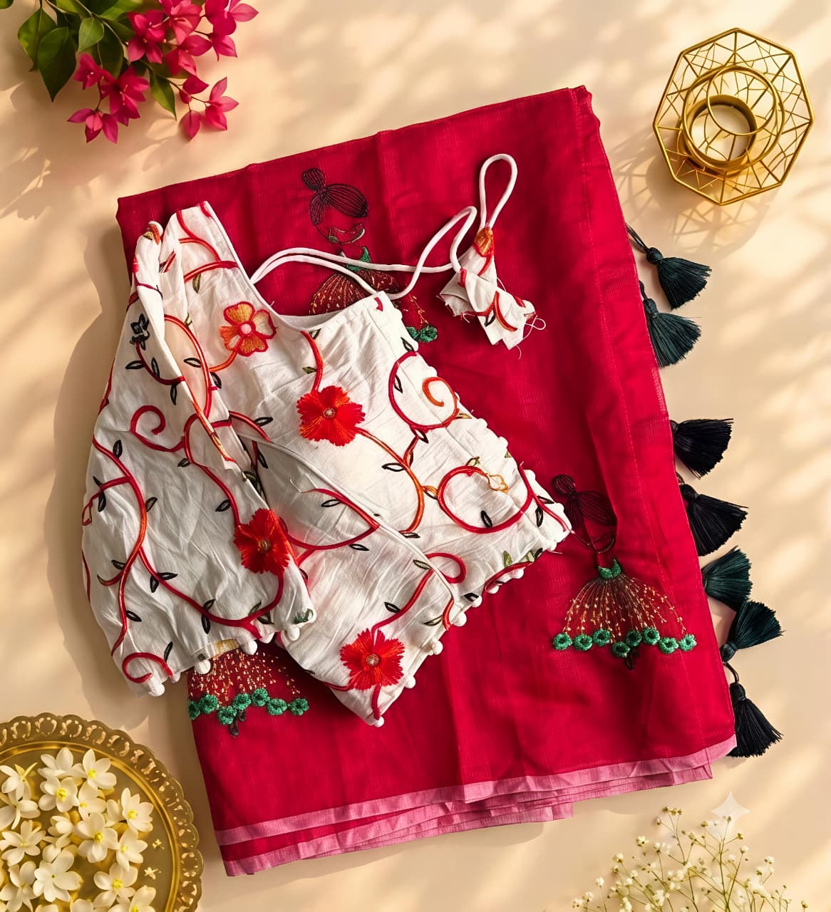 New Function Wear Chanderi Cotton Embroidery n Tussels Work Fancy Designer Saree With Stitched Blouse