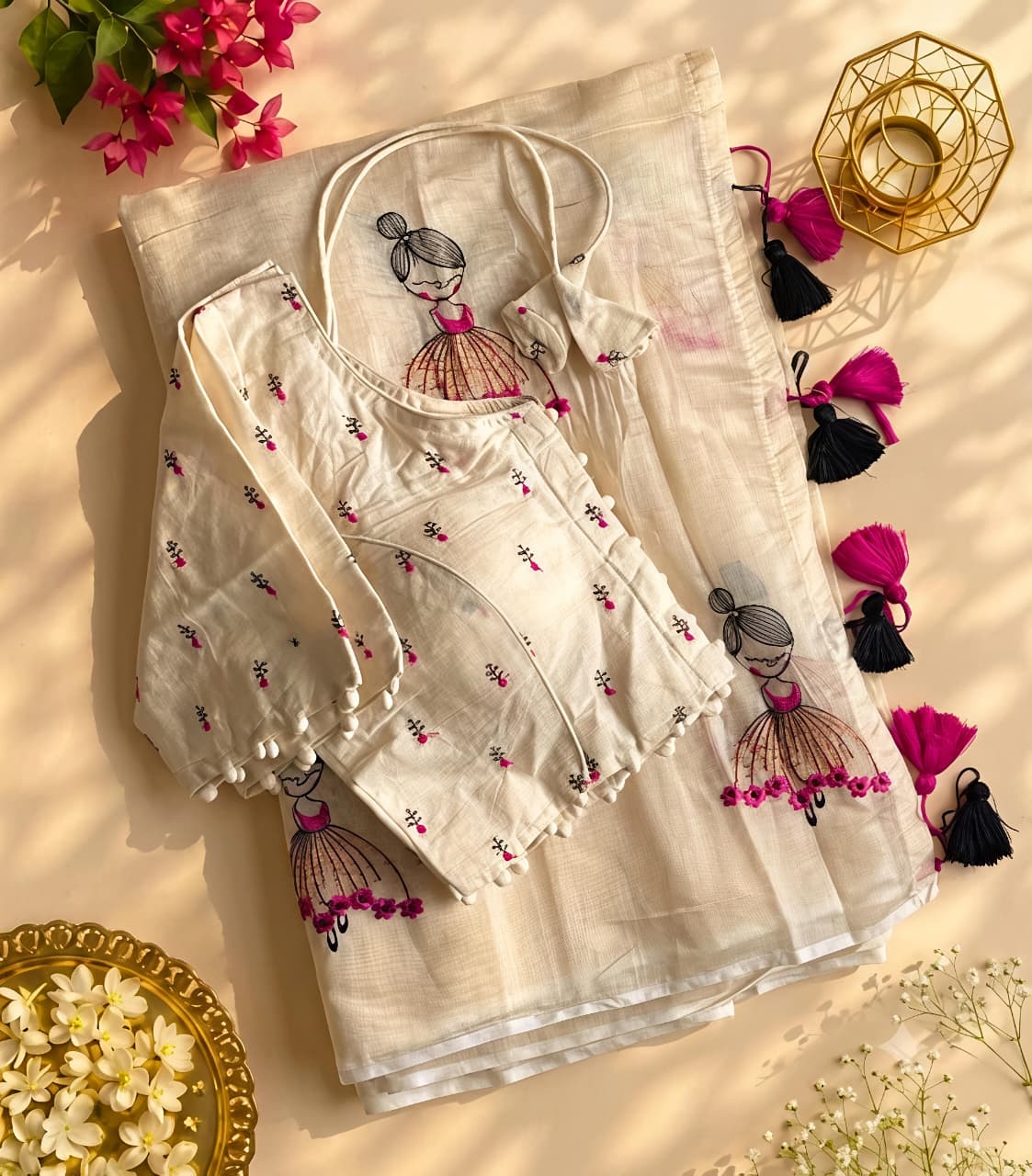 New Function Wear Chanderi Cotton Embroidery n Tussels Work Fancy Designer Saree With Stitched Blouse