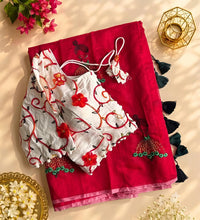 Load image into Gallery viewer, New Function Wear Chanderi Cotton Embroidery n Tussels Work Fancy Designer Saree With Stitched Blouse
