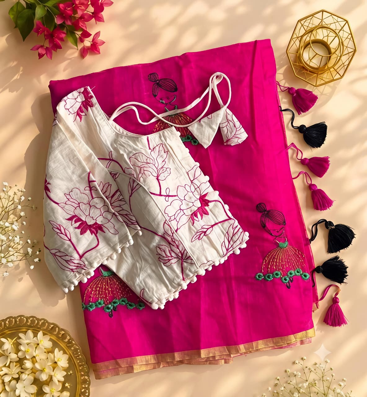 New Function Wear Chanderi Cotton Embroidery n Tussels Work Fancy Designer Saree With Stitched Blouse