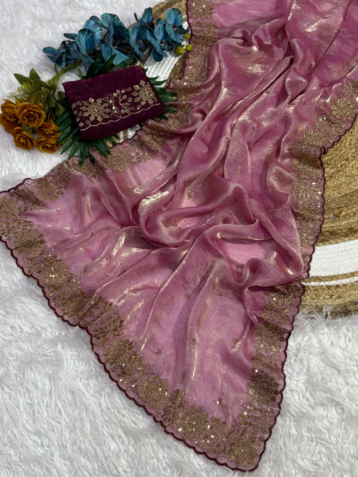 Incomparable Function Wear Silk Embroidery n Sequence Work Fancy Saree With Contrast Blouse Piece