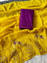 Load image into Gallery viewer, Splendorous Party Wear Crunchy Chiffon Silk Embroidery n Scalloped Cut Work Border Designer Saree With Blissfull Blouse Piece
