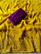Load image into Gallery viewer, Splendorous Party Wear Crunchy Chiffon Silk Embroidery n Scalloped Cut Work Border Designer Saree With Blissfull Blouse Piece
