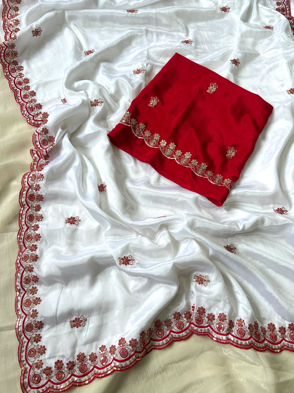 Attractive Festive Wear Soft Chinnon Silk Embroidery n Sequence Work Designer Saree With Contrast Blouse Piece