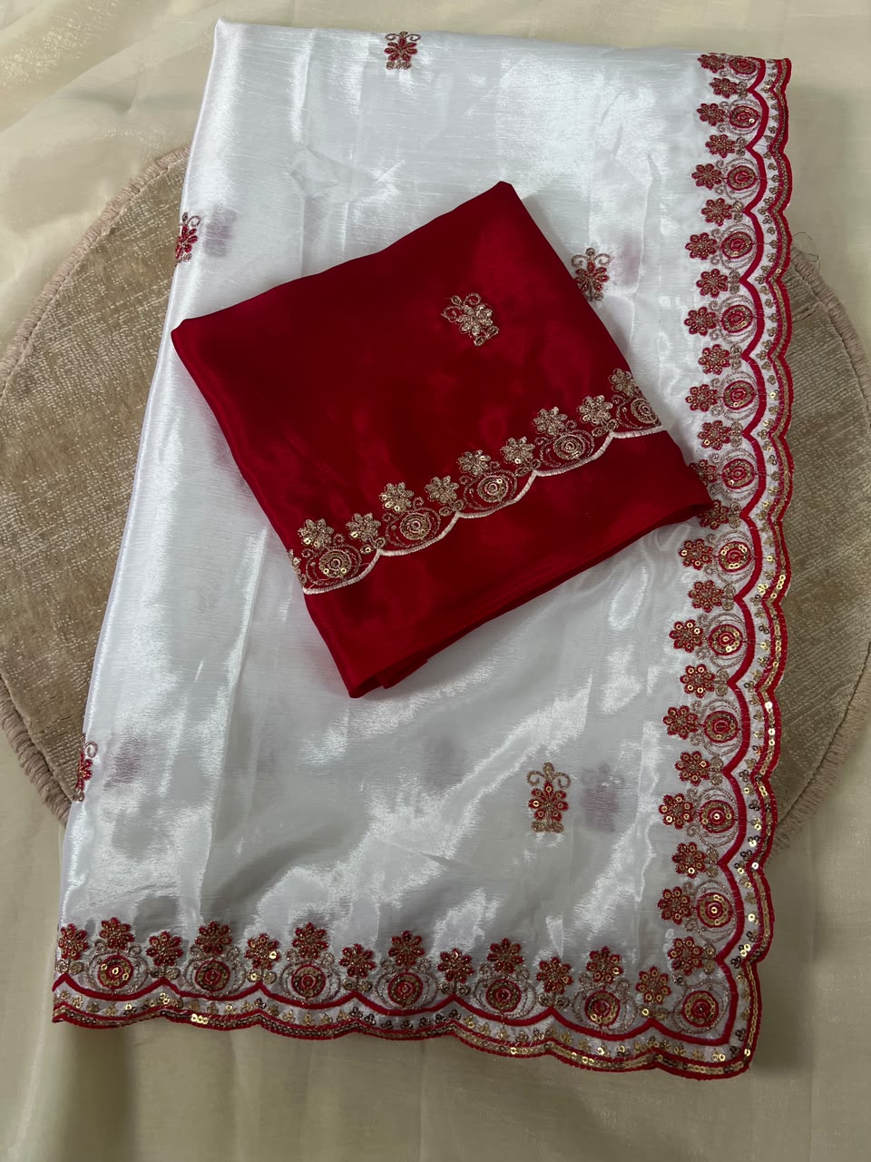 Attractive Festive Wear Soft Chinnon Silk Embroidery n Sequence Work Designer Saree With Contrast Blouse Piece