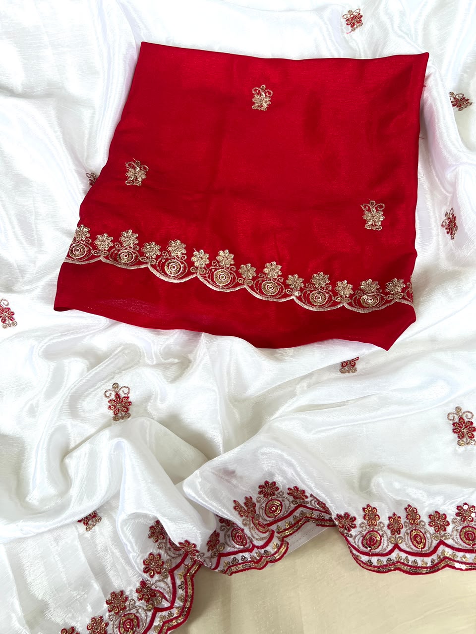 Attractive Festive Wear Soft Chinnon Silk Embroidery n Sequence Work Designer Saree With Contrast Blouse Piece