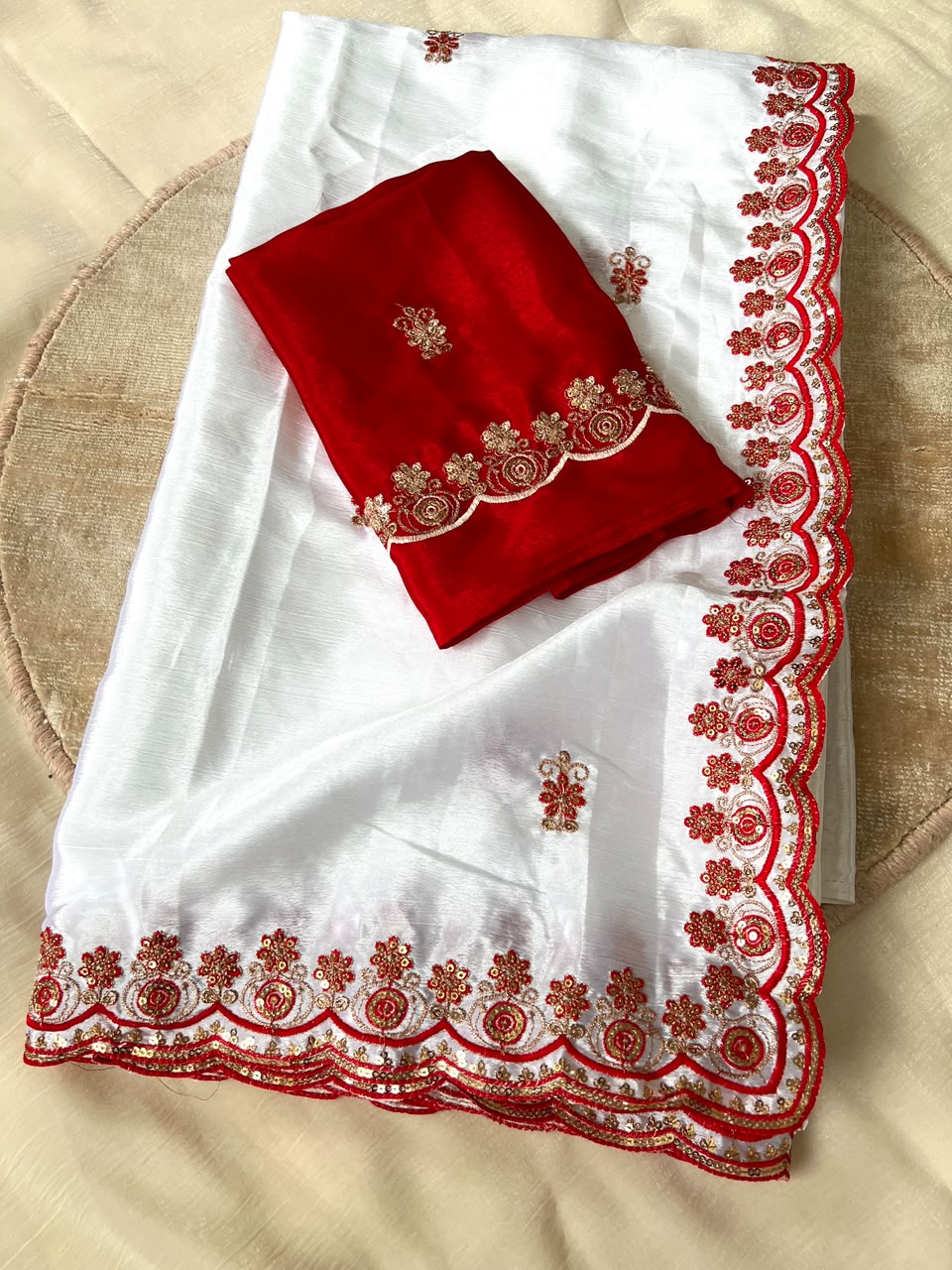 Attractive Festive Wear Soft Chinnon Silk Embroidery n Sequence Work Designer Saree With Contrast Blouse Piece