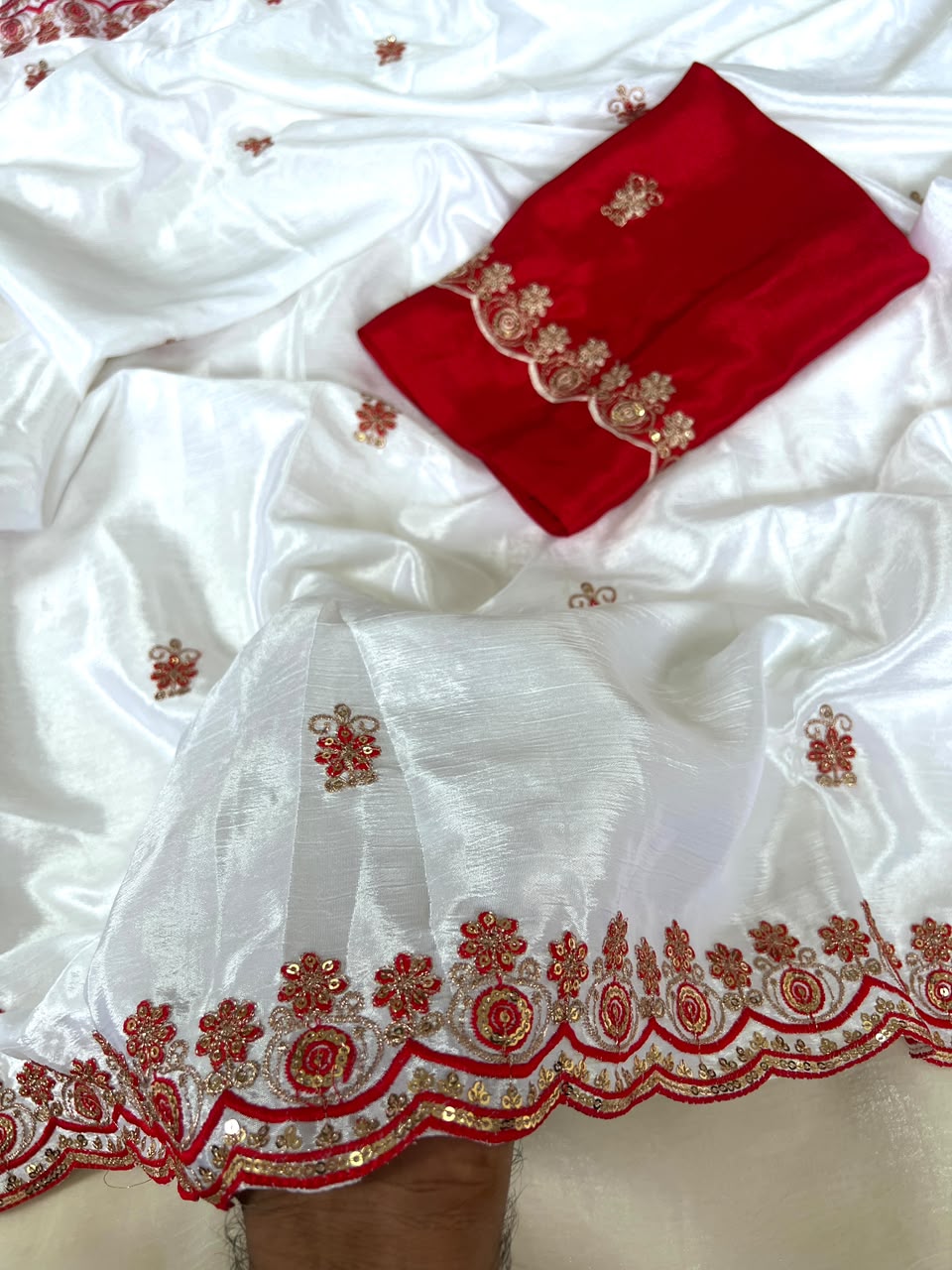 Attractive Festive Wear Soft Chinnon Silk Embroidery n Sequence Work Designer Saree With Contrast Blouse Piece