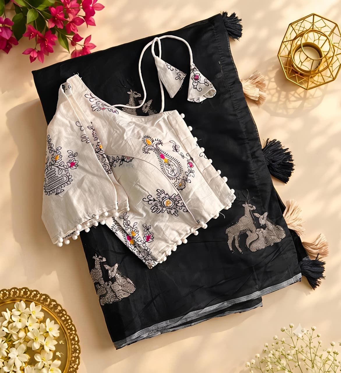 New Chanderi Cotton Embroidery n Tussels Work Fancy Designer Festive Wear Saree With Stitched Blouse