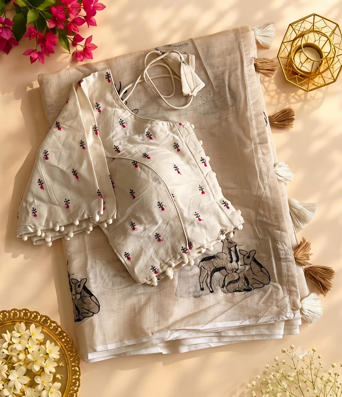 New Chanderi Cotton Embroidery n Tussels Work Fancy Designer Festive Wear Saree With Stitched Blouse