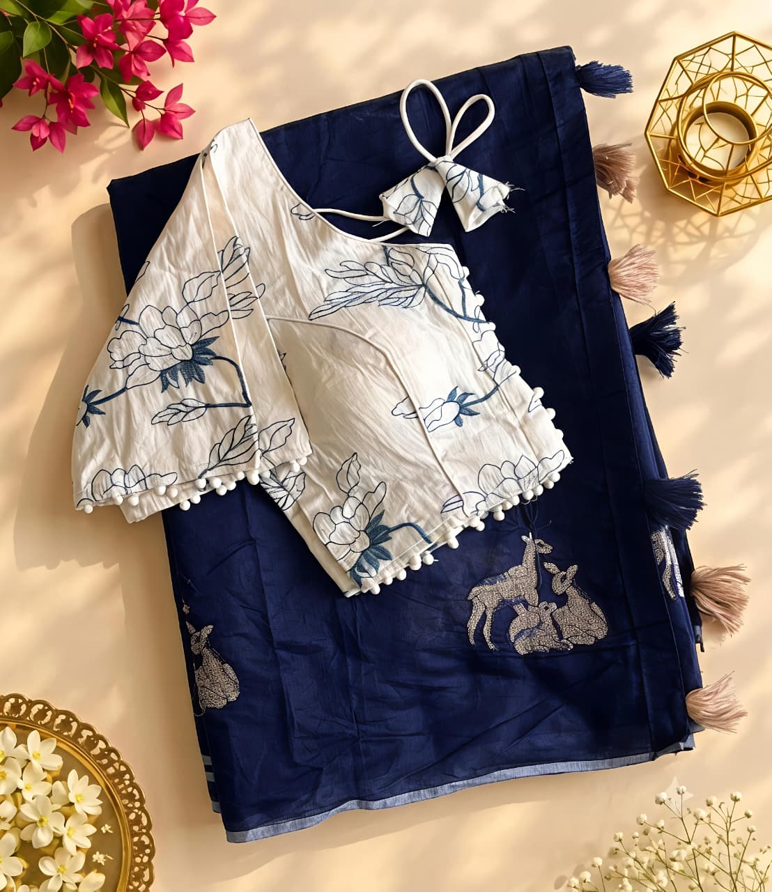 New Chanderi Cotton Embroidery n Tussels Work Fancy Designer Festive Wear Saree With Stitched Blouse
