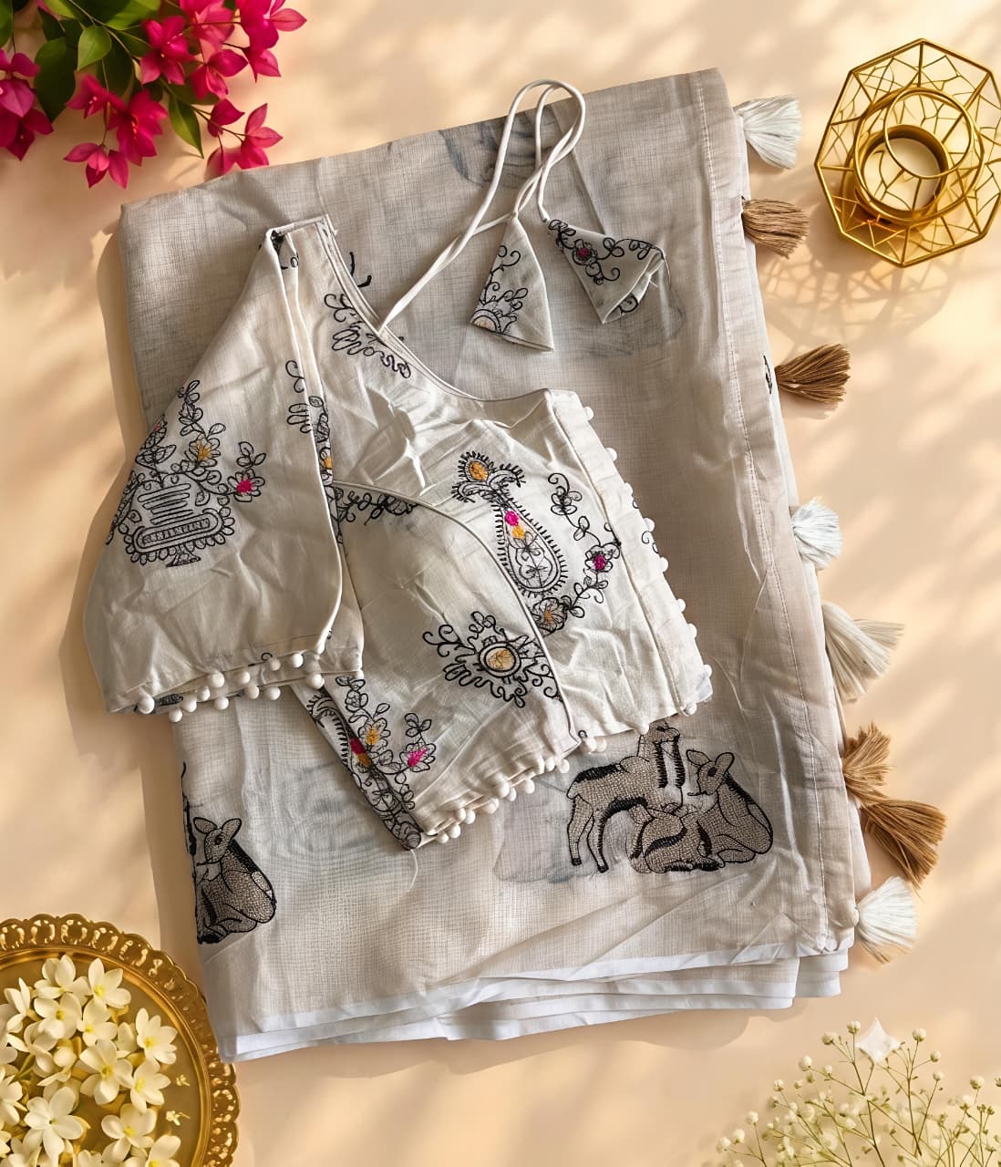 New Chanderi Cotton Embroidery n Tussels Work Fancy Designer Festive Wear Saree With Stitched Blouse