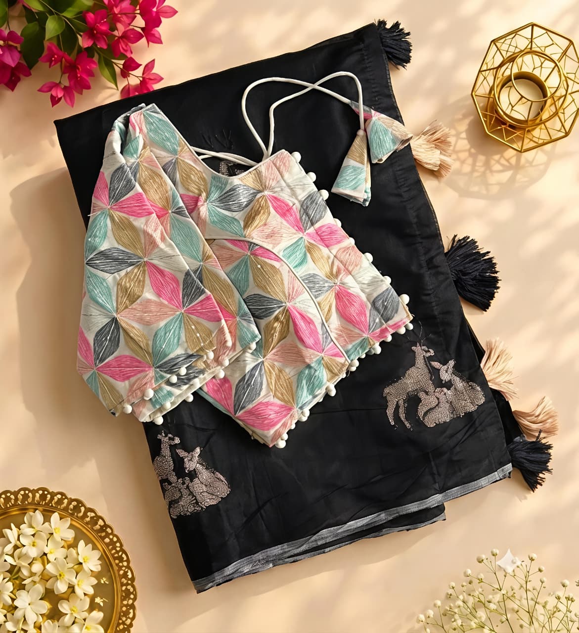 New Chanderi Cotton Embroidery n Tussels Work Fancy Designer Festive Wear Saree With Stitched Blouse